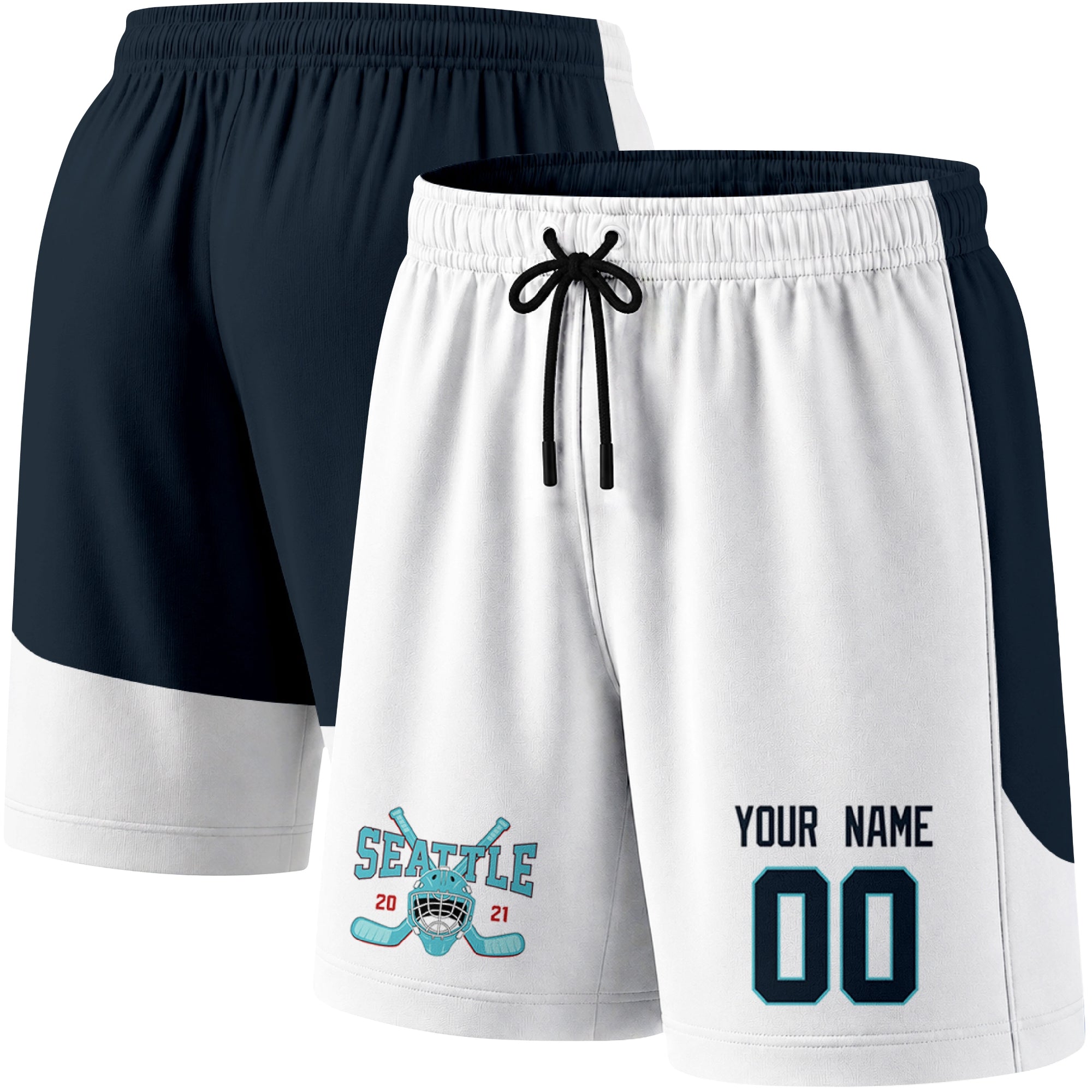 White color variation hockey athletic shorts shown from front and back angle with elastic waistband and drawstring detail