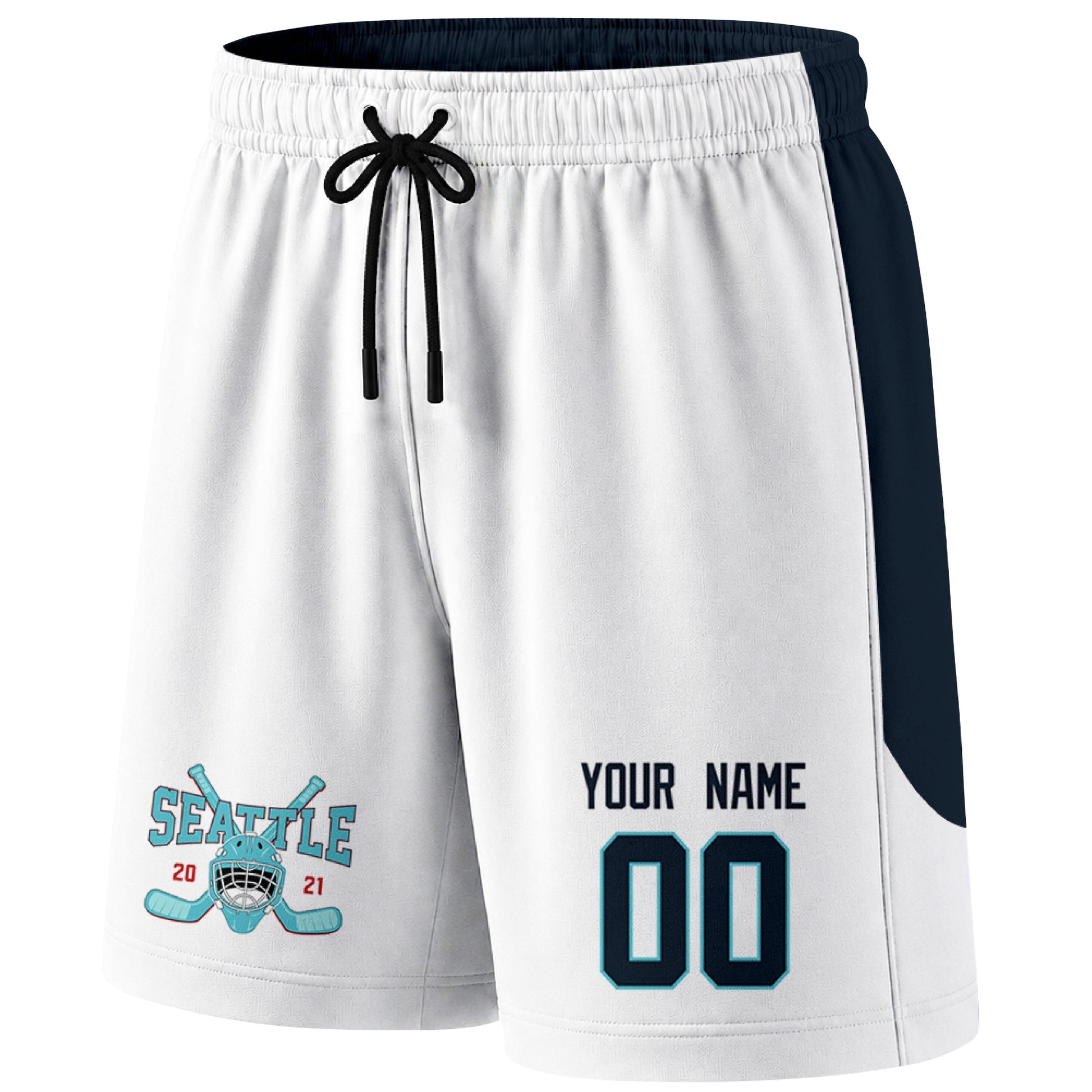 White Seattle-inspired hockey shorts front view with custom name and number print and hockey logo graphic