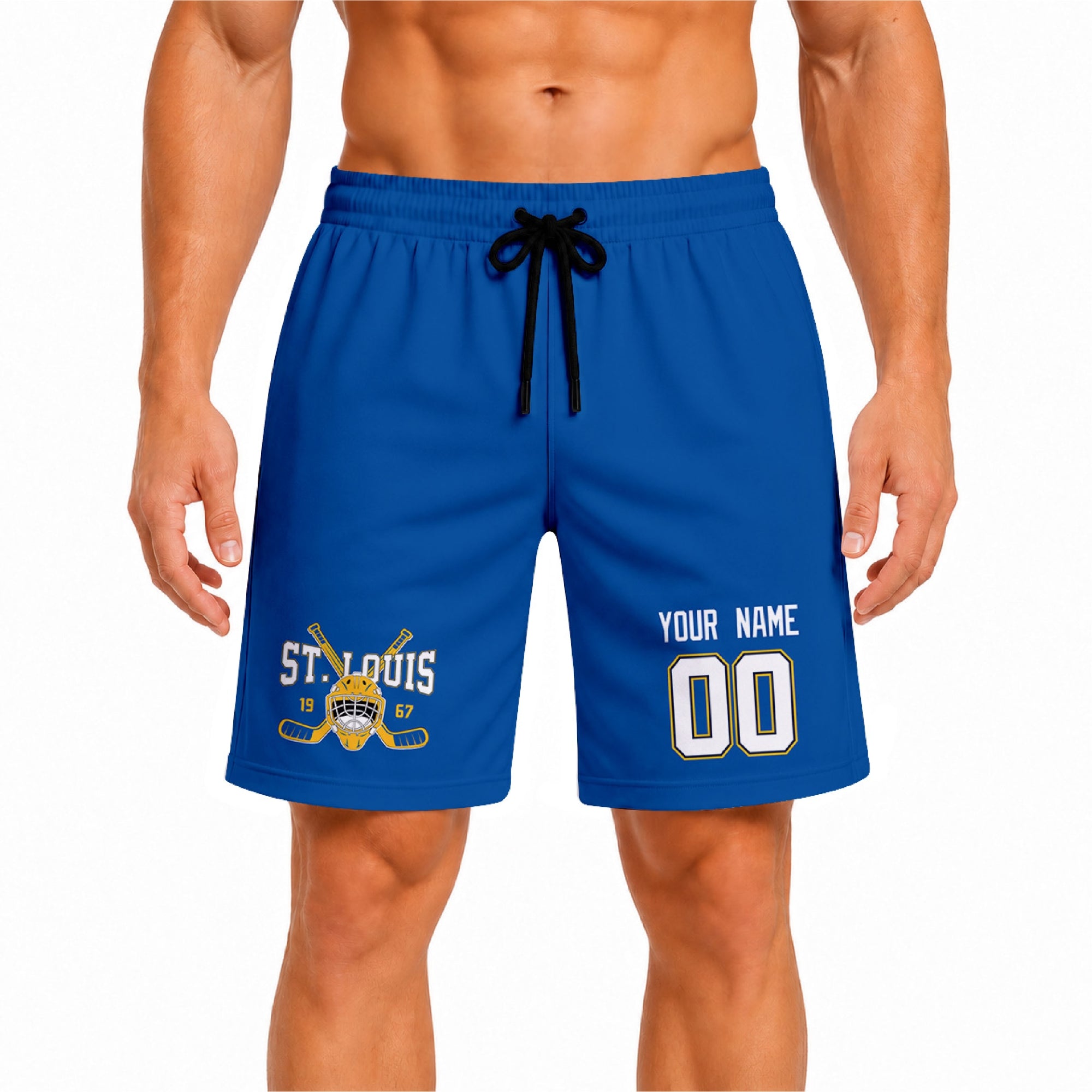 Blue St. Louis-inspired hockey athletic shorts front view worn by male model, showcasing custom name, number, and team graphic