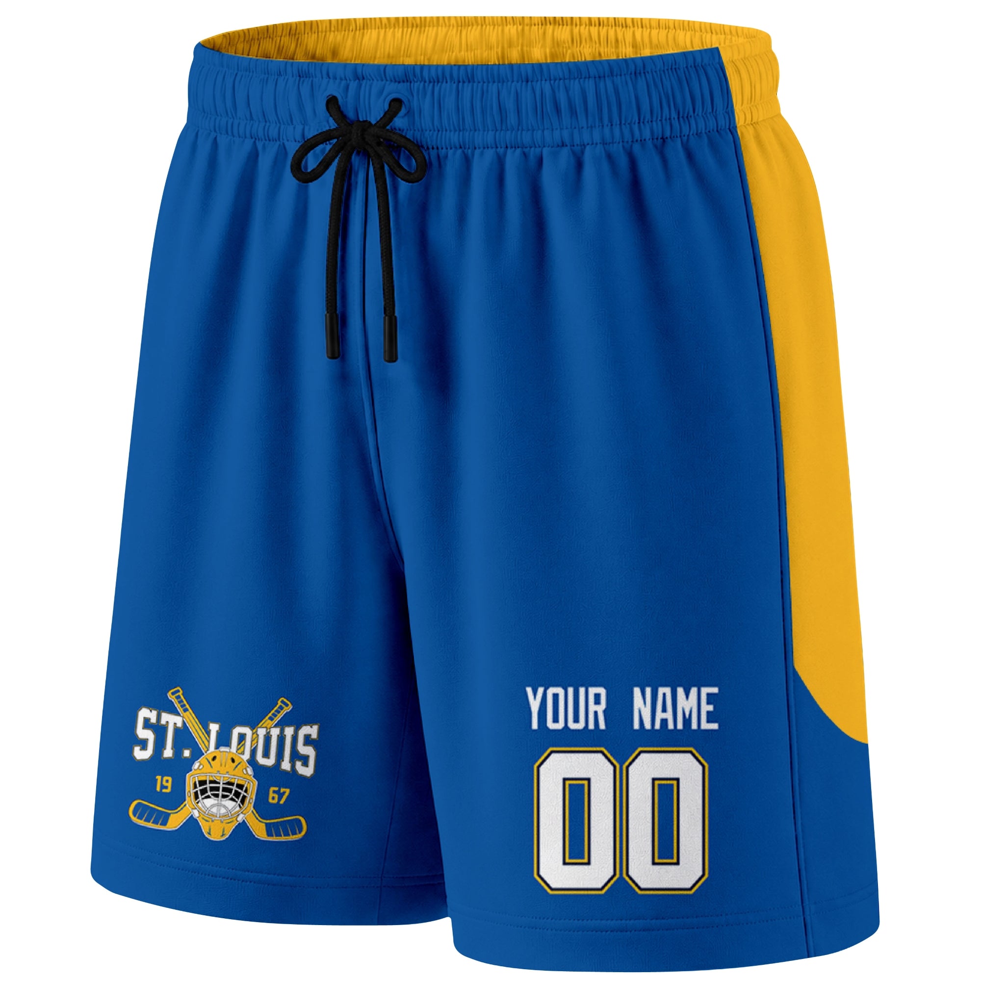 Blue St. Louis-inspired hockey shorts front view with custom name and number print and hockey logo graphic