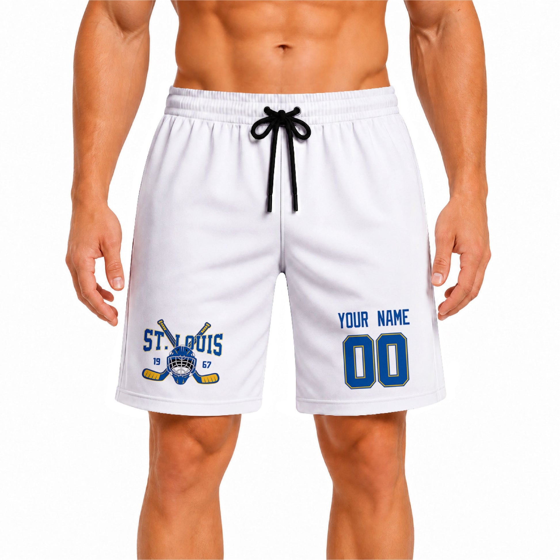 White St. Louis-inspired hockey athletic shorts front view worn by male model, showcasing custom name, number, and team graphic
