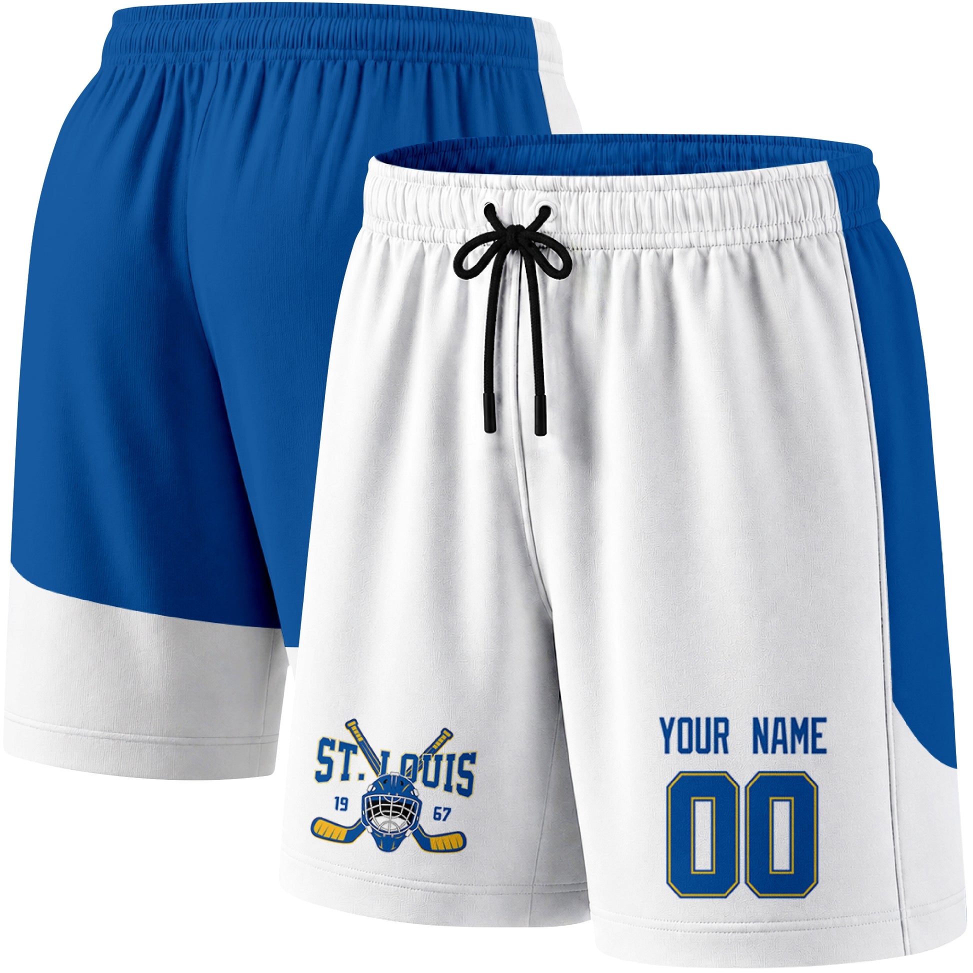 White color variation hockey athletic shorts shown from front and back angle with elastic waistband and drawstring detail