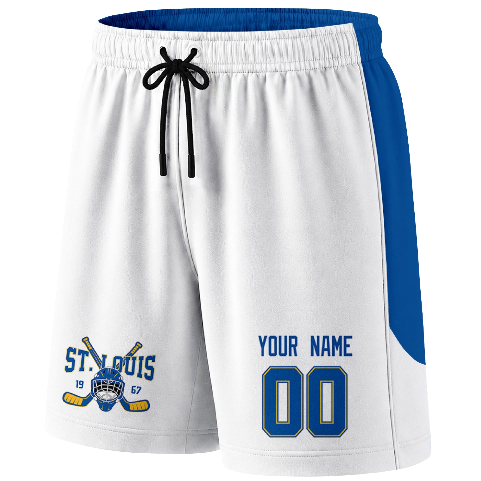 White St. Louis-inspired hockey shorts front view with custom name and number print and hockey logo graphic