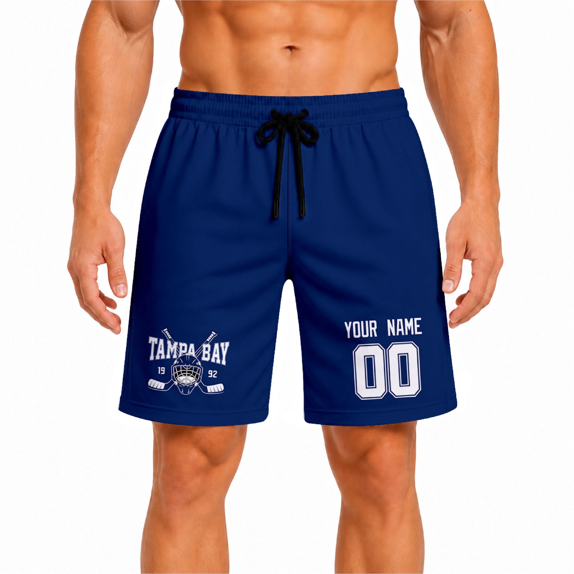 Blue Tampa Bay-inspired hockey athletic shorts front view worn by male model, showcasing custom name, number, and team graphic