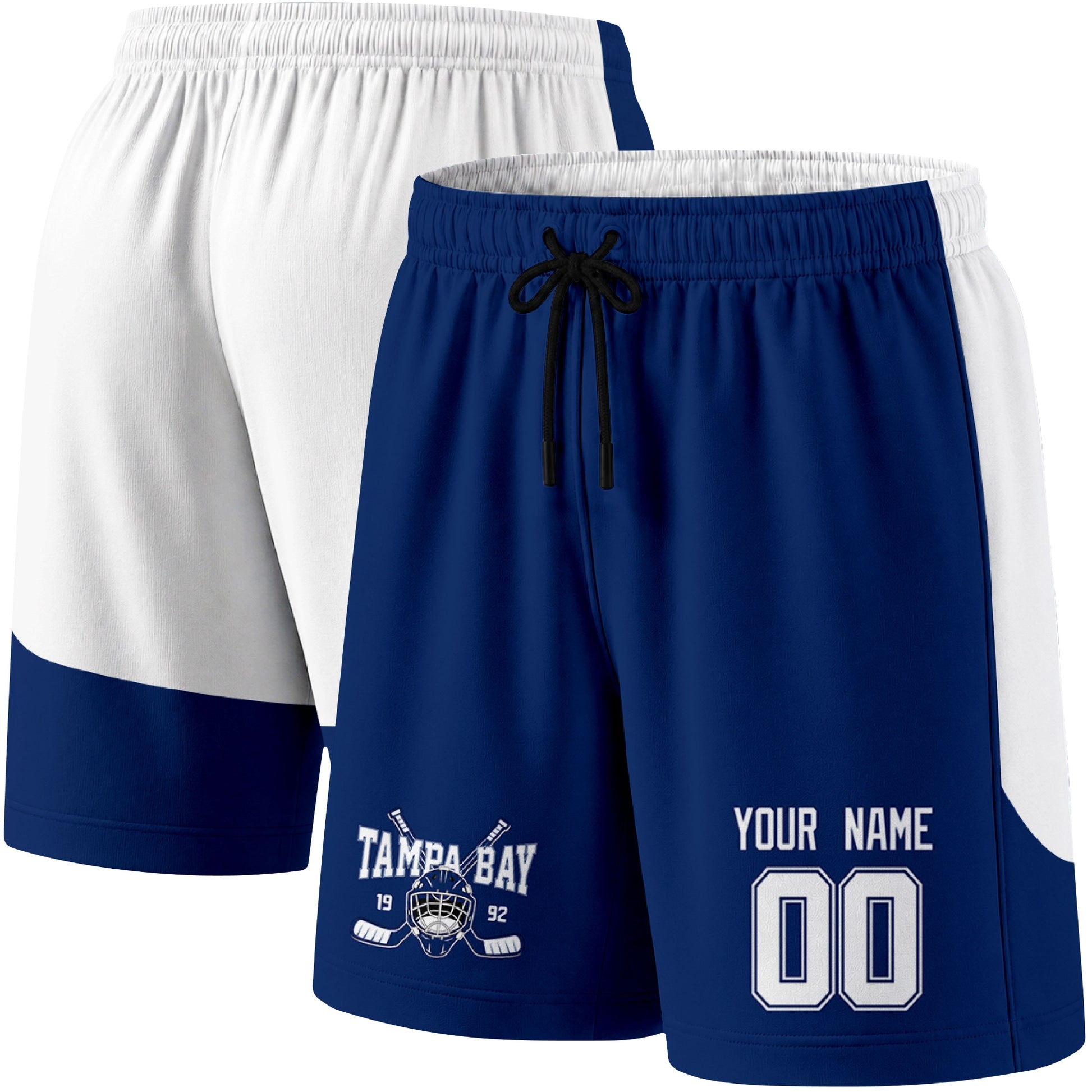 Blue color variation hockey athletic shorts shown from front and back angle with elastic waistband and drawstring detail