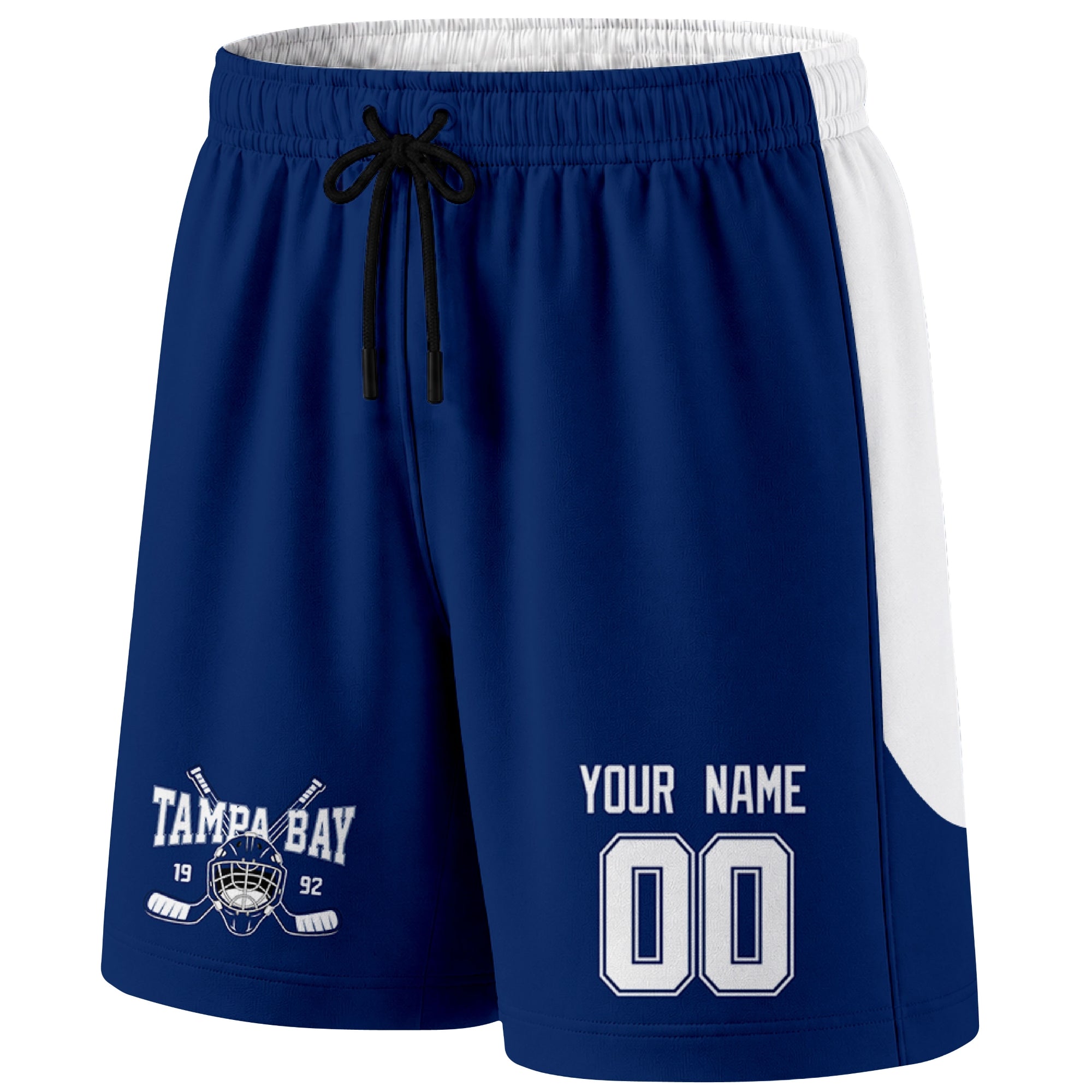 Blue Tampa Bay-inspired hockey shorts front view with custom name and number print and hockey logo graphic