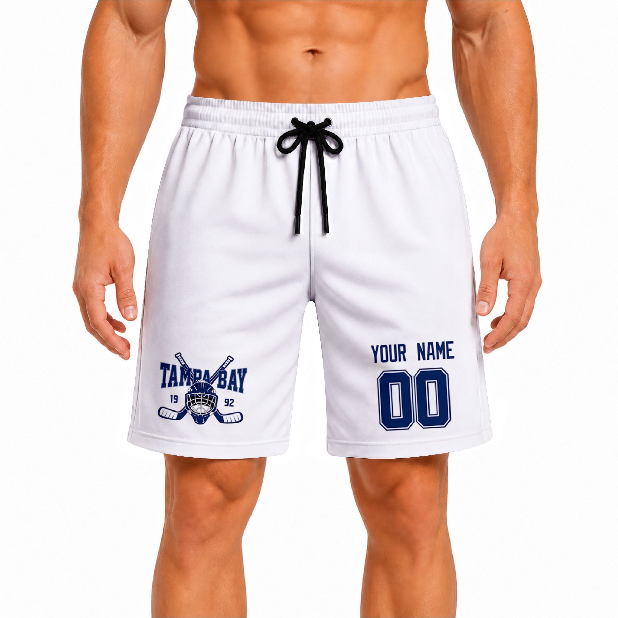 White Tampa Bay-inspired hockey athletic shorts front view worn by male model, showcasing custom name, number, and team graphic