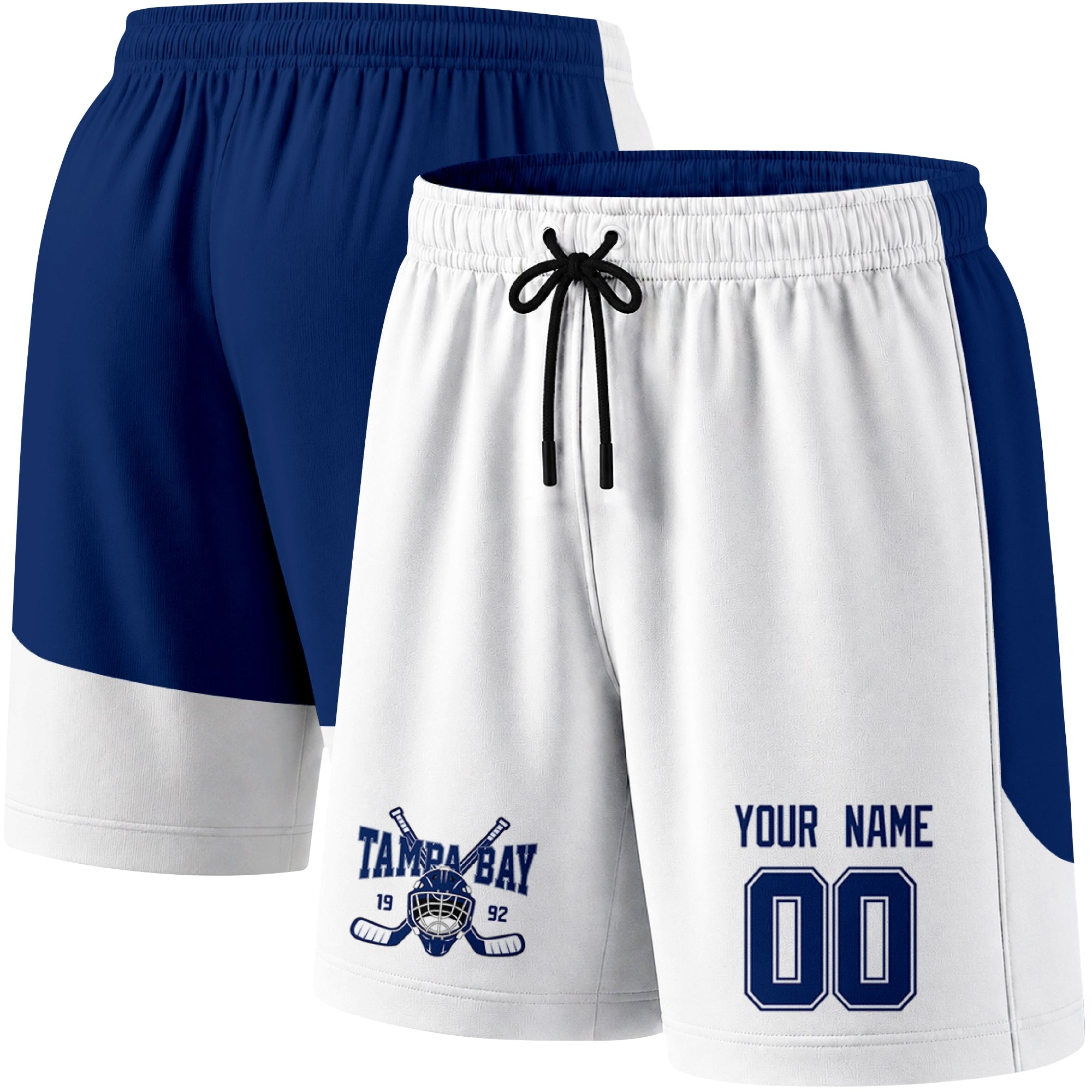 White color variation hockey athletic shorts shown from front and back angle with elastic waistband and drawstring detail