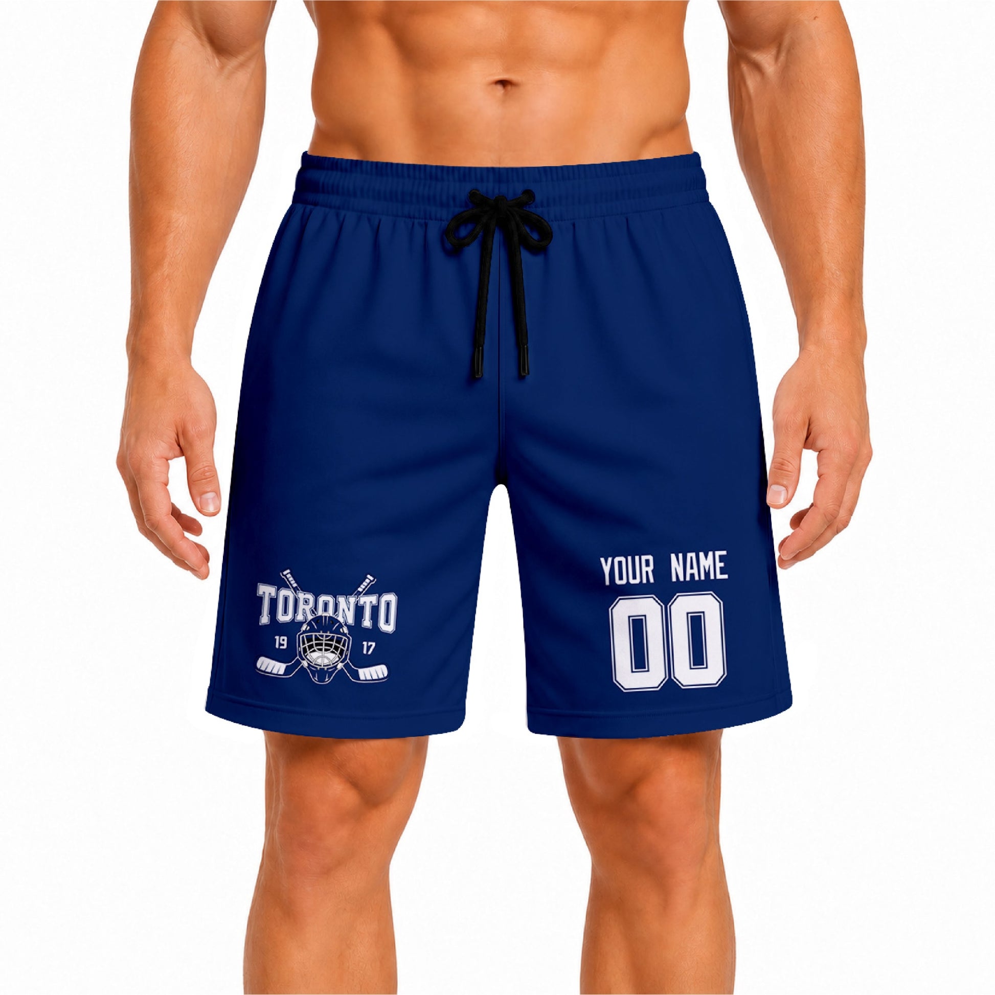 Blue Toronto-inspired hockey athletic shorts front view worn by male model, showcasing custom name, number, and team graphic