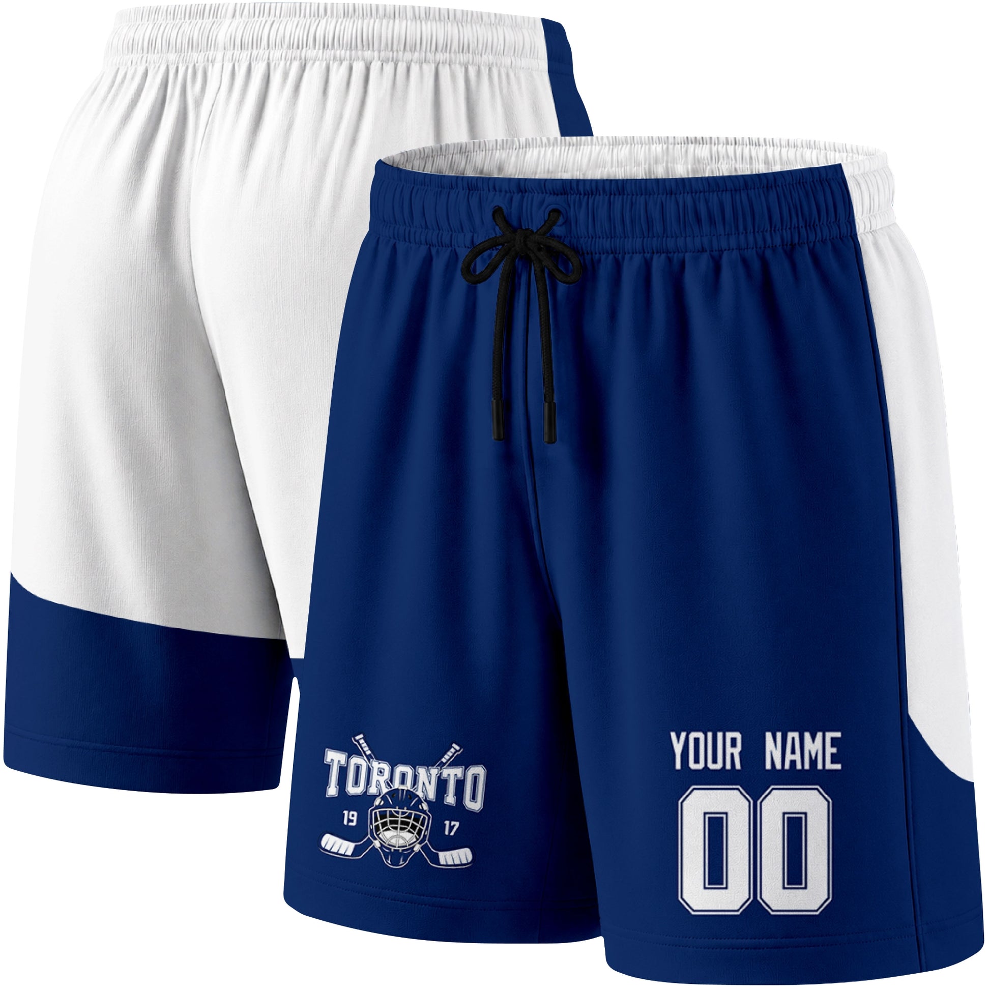 Blue color variation hockey athletic shorts shown from front and back angle with elastic waistband and drawstring detail