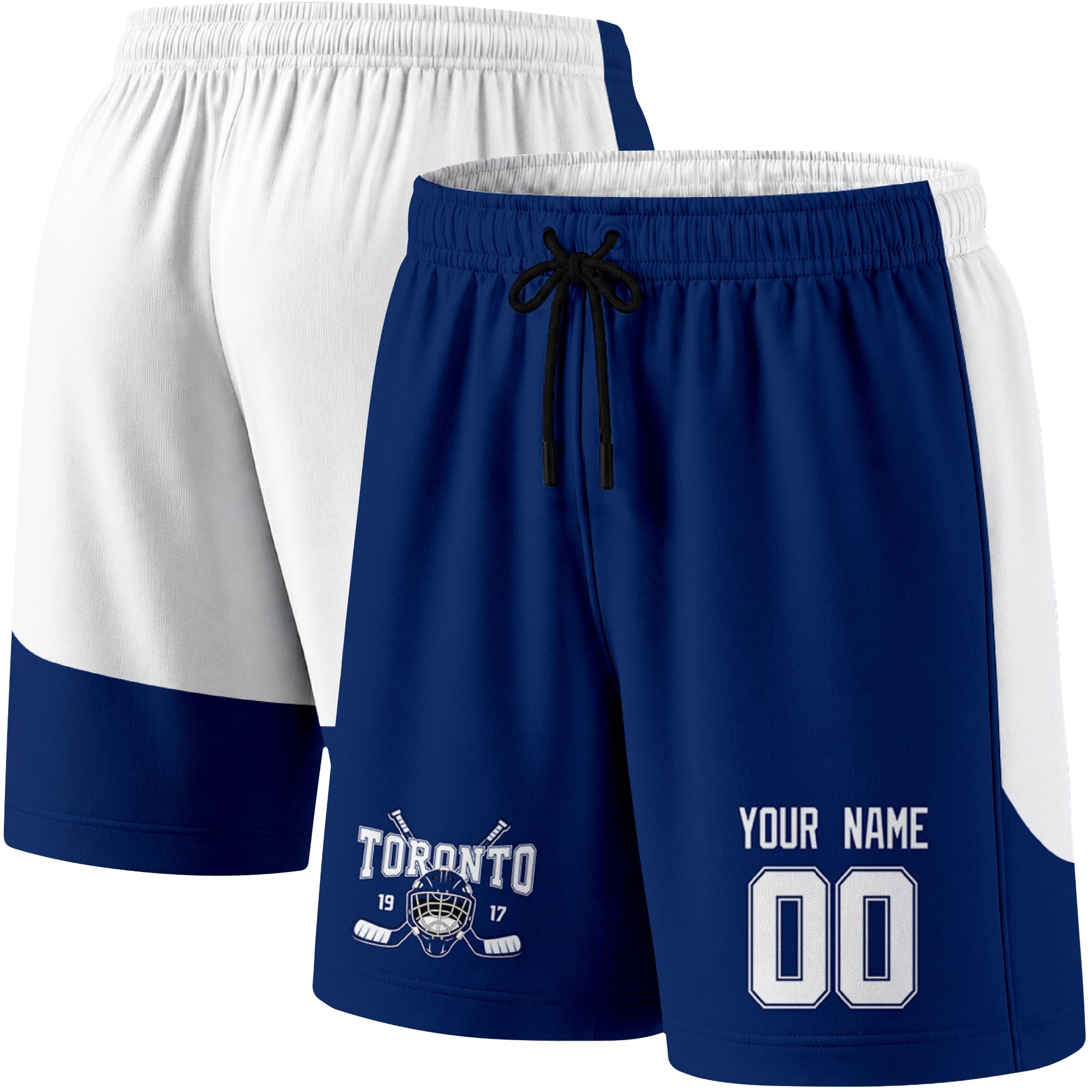 Blue color variation hockey athletic shorts shown from front and back angle with elastic waistband and drawstring detail