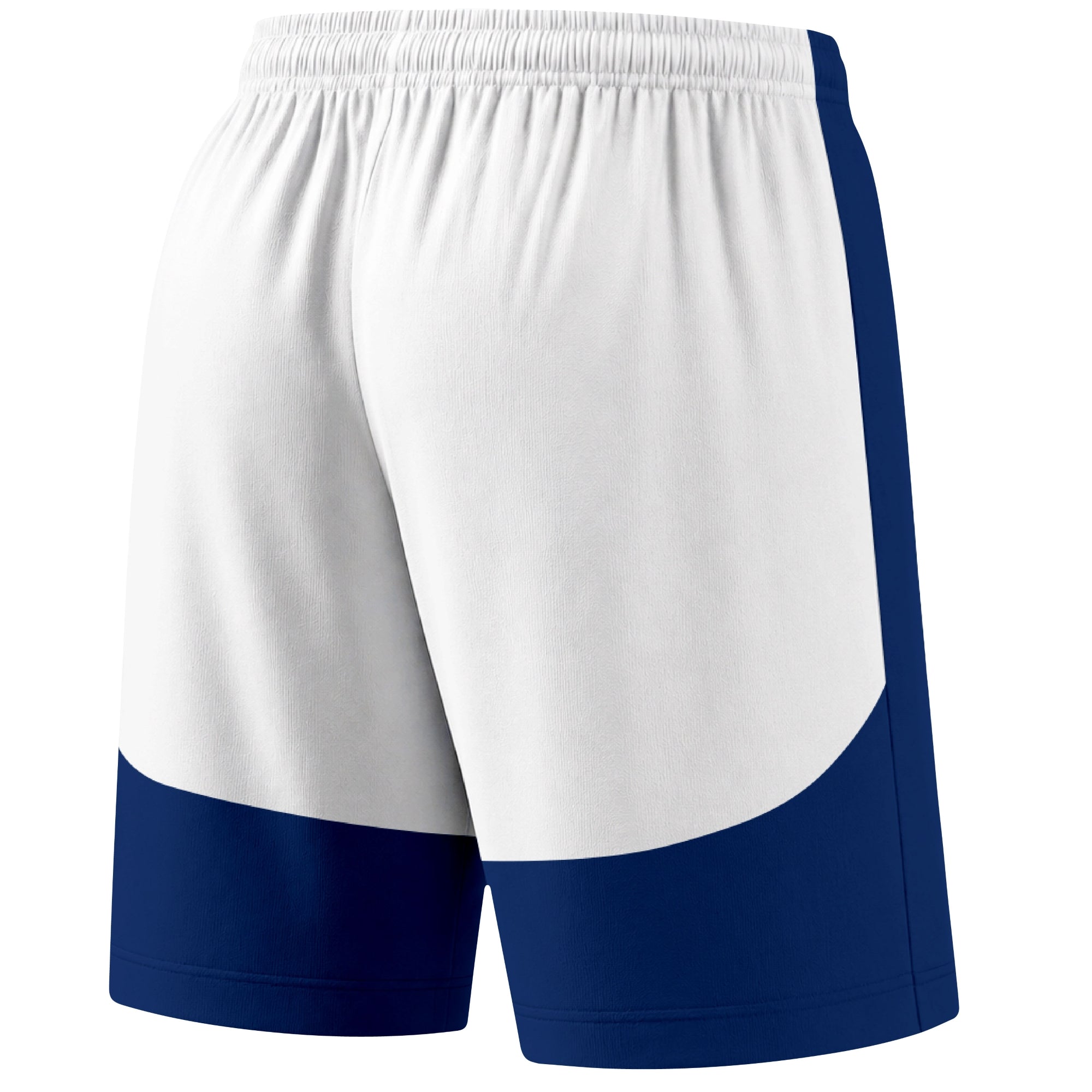 Blue color block hockey athletic shorts back and angled view highlighting breathable fabric and athletic fit design