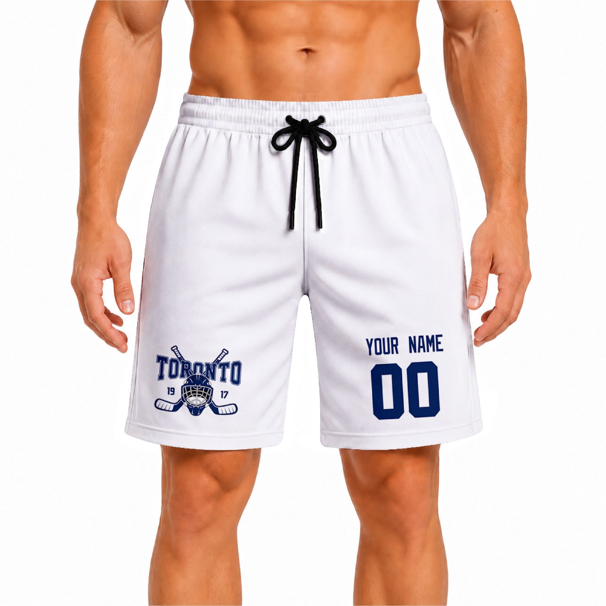 White Toronto-inspired hockey athletic shorts front view worn by male model, showcasing custom name, number, and team graphic