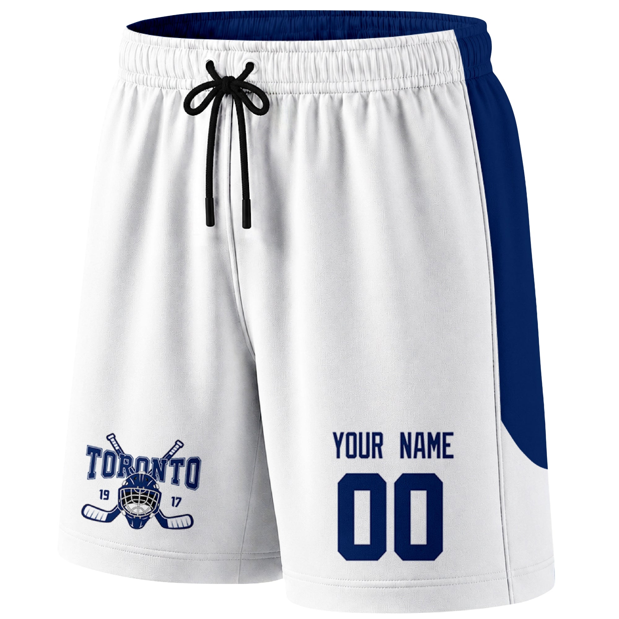 White Toronto-inspired hockey shorts front view with custom name and number print and hockey logo graphic