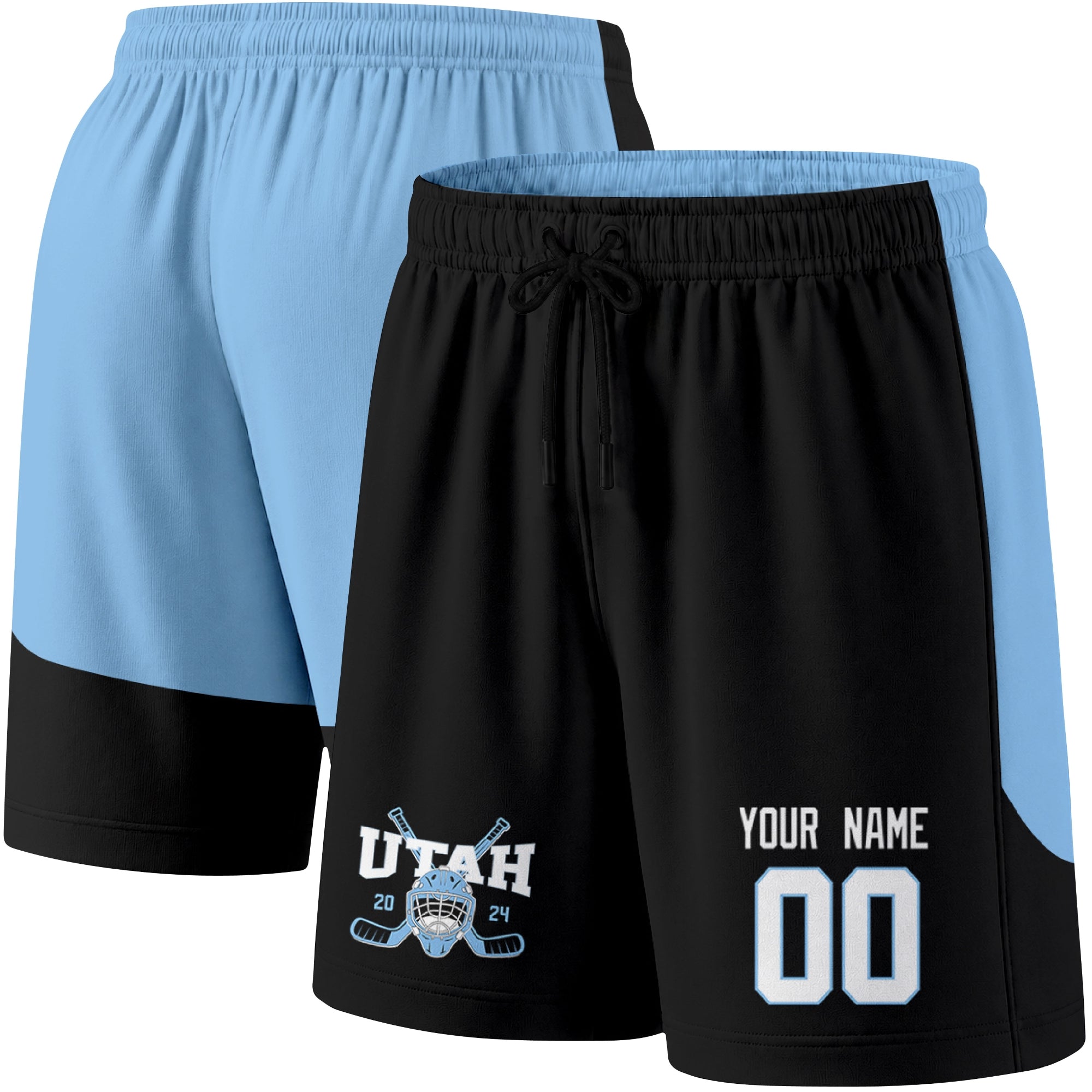 Black color variation hockey athletic shorts shown from front and back angle with elastic waistband and drawstring detail