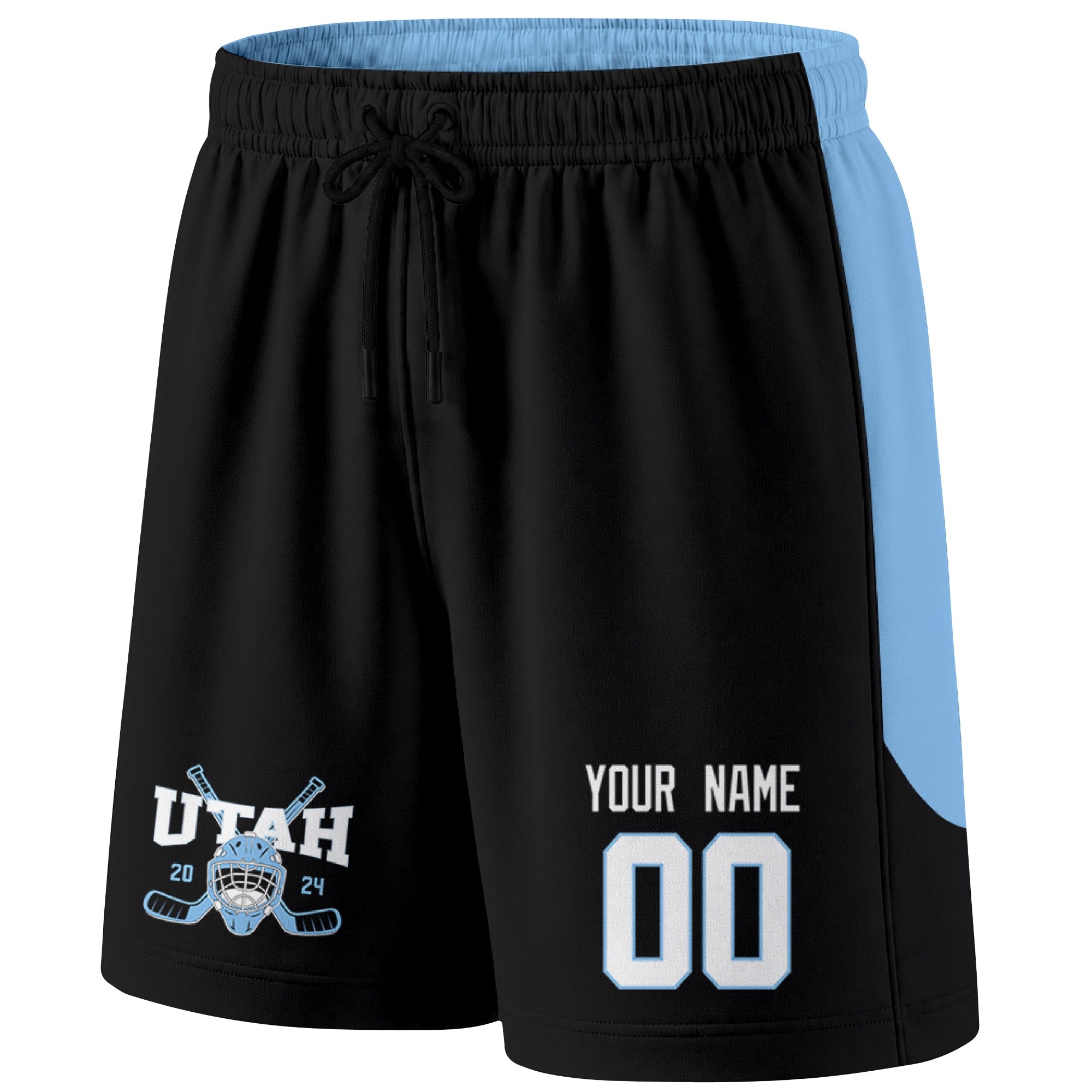 Black Utah-inspired hockey shorts front view with custom name and number print and hockey logo graphic