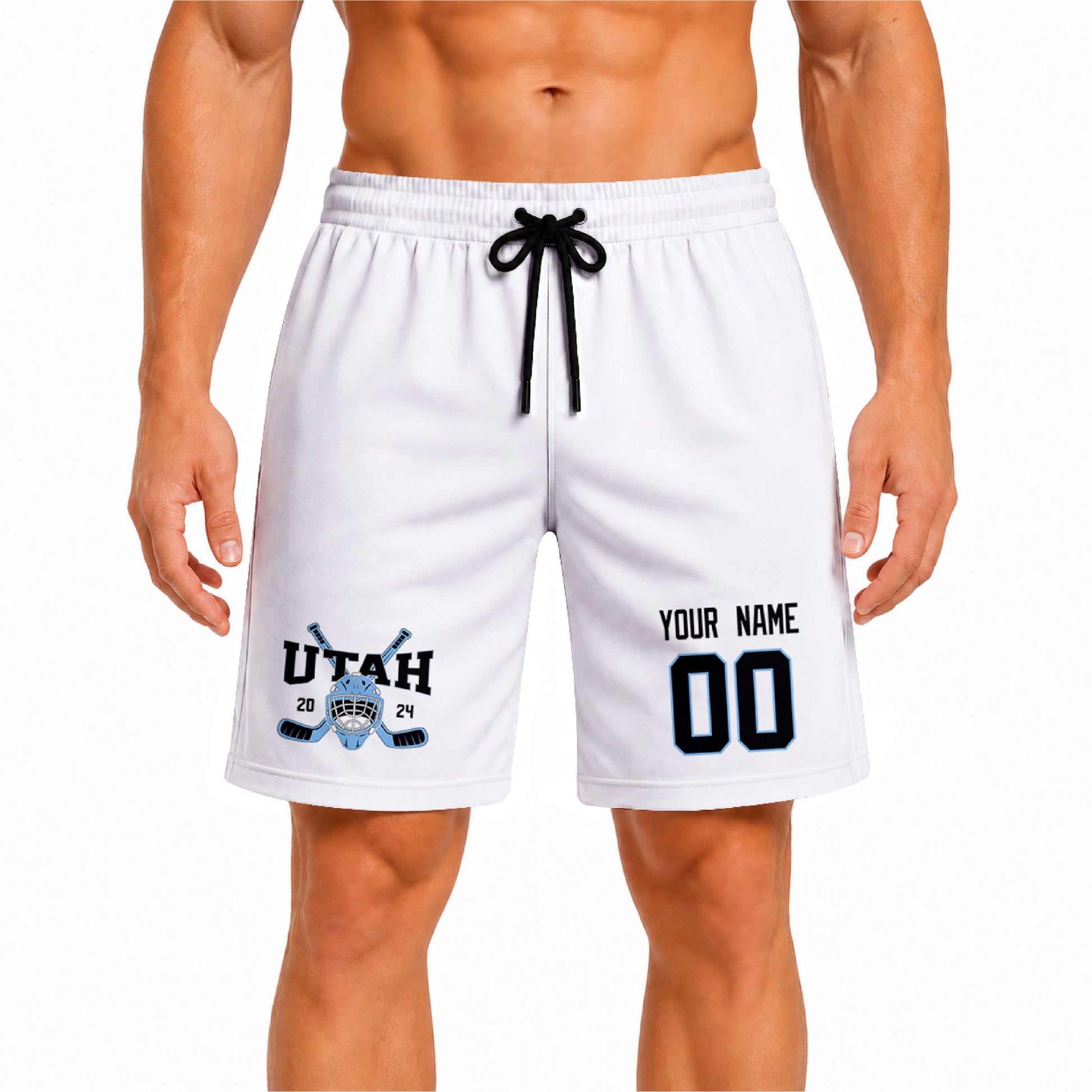 White Utah-inspired hockey athletic shorts front view worn by male model, showcasing custom name, number, and team graphic