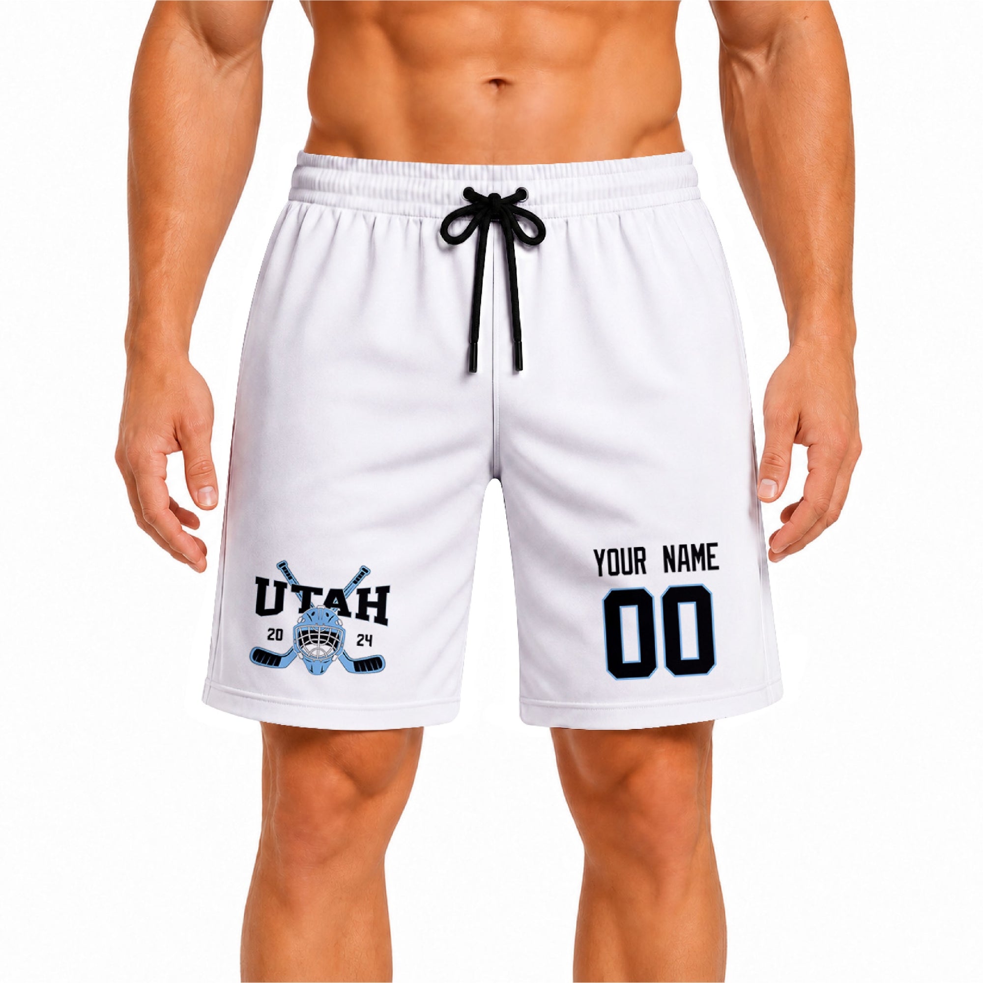 White Utah-inspired hockey athletic shorts front view worn by male model, showcasing custom name, number, and team graphic