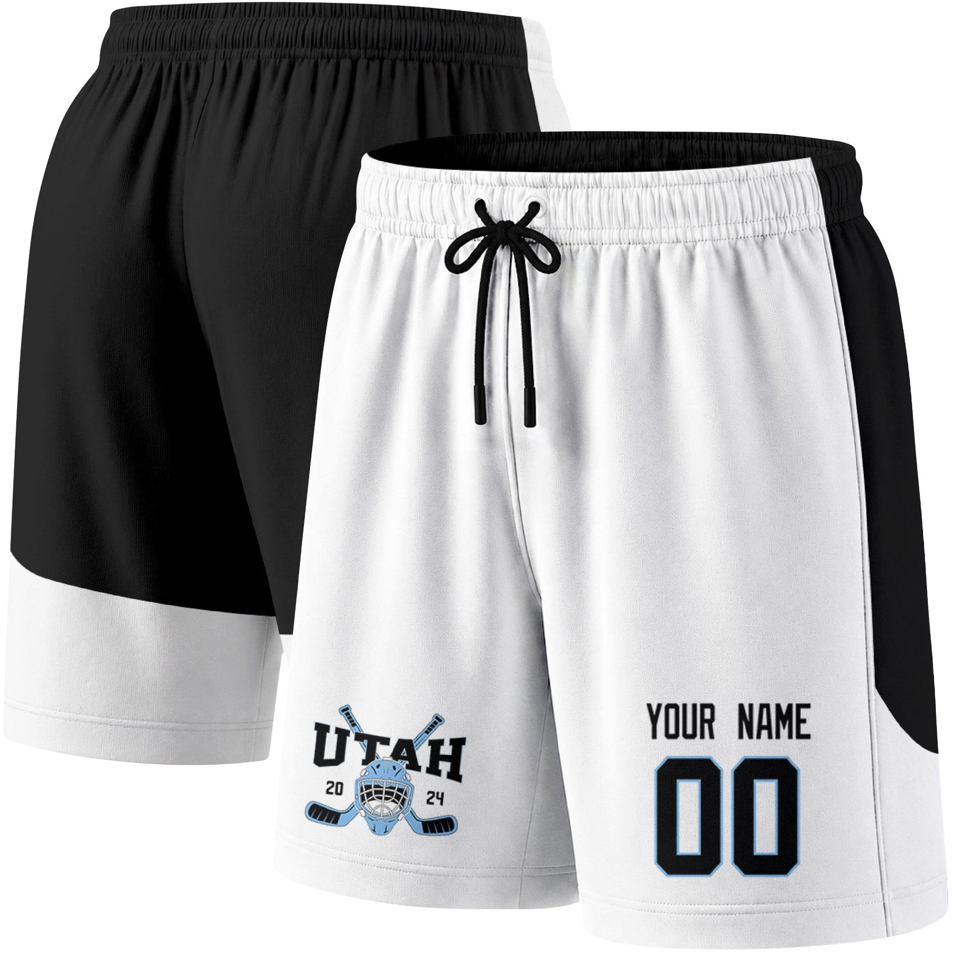 White color variation hockey athletic shorts shown from front and back angle with elastic waistband and drawstring detail
