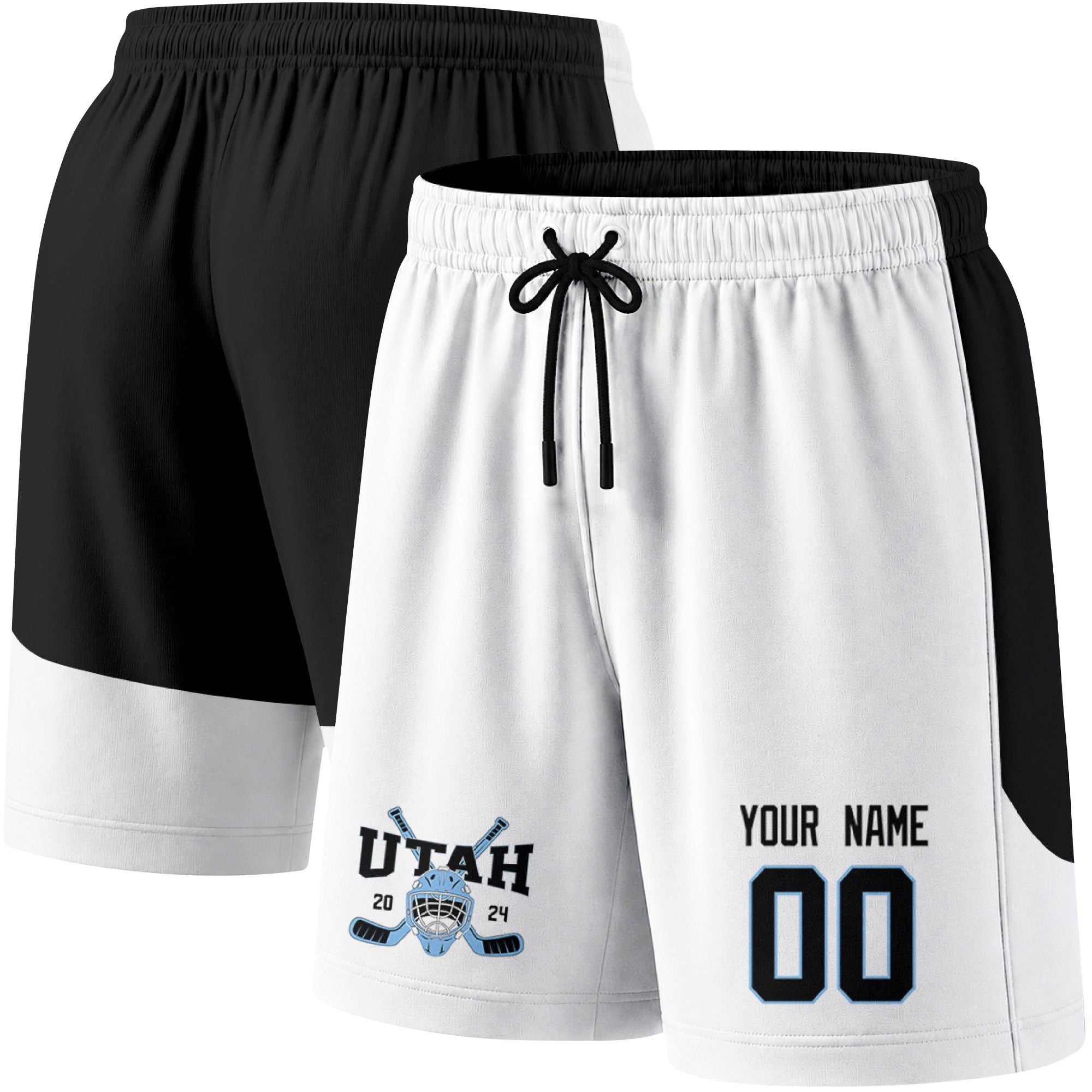 White color variation hockey athletic shorts shown from front and back angle with elastic waistband and drawstring detail