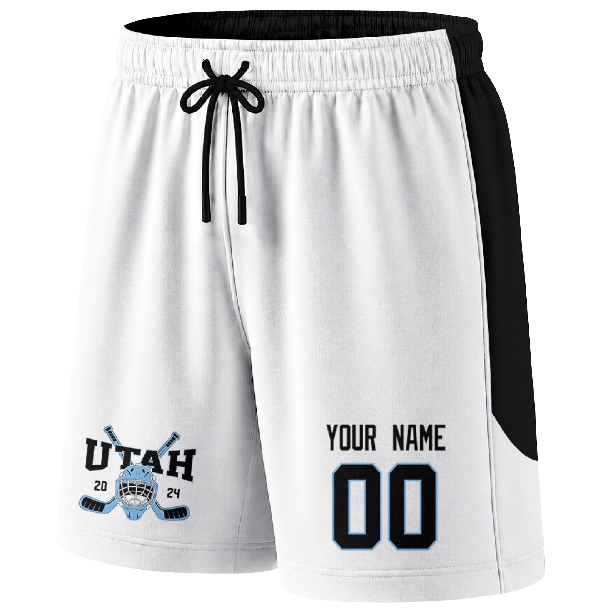 White Utah-inspired hockey shorts front view with custom name and number print and hockey logo graphic