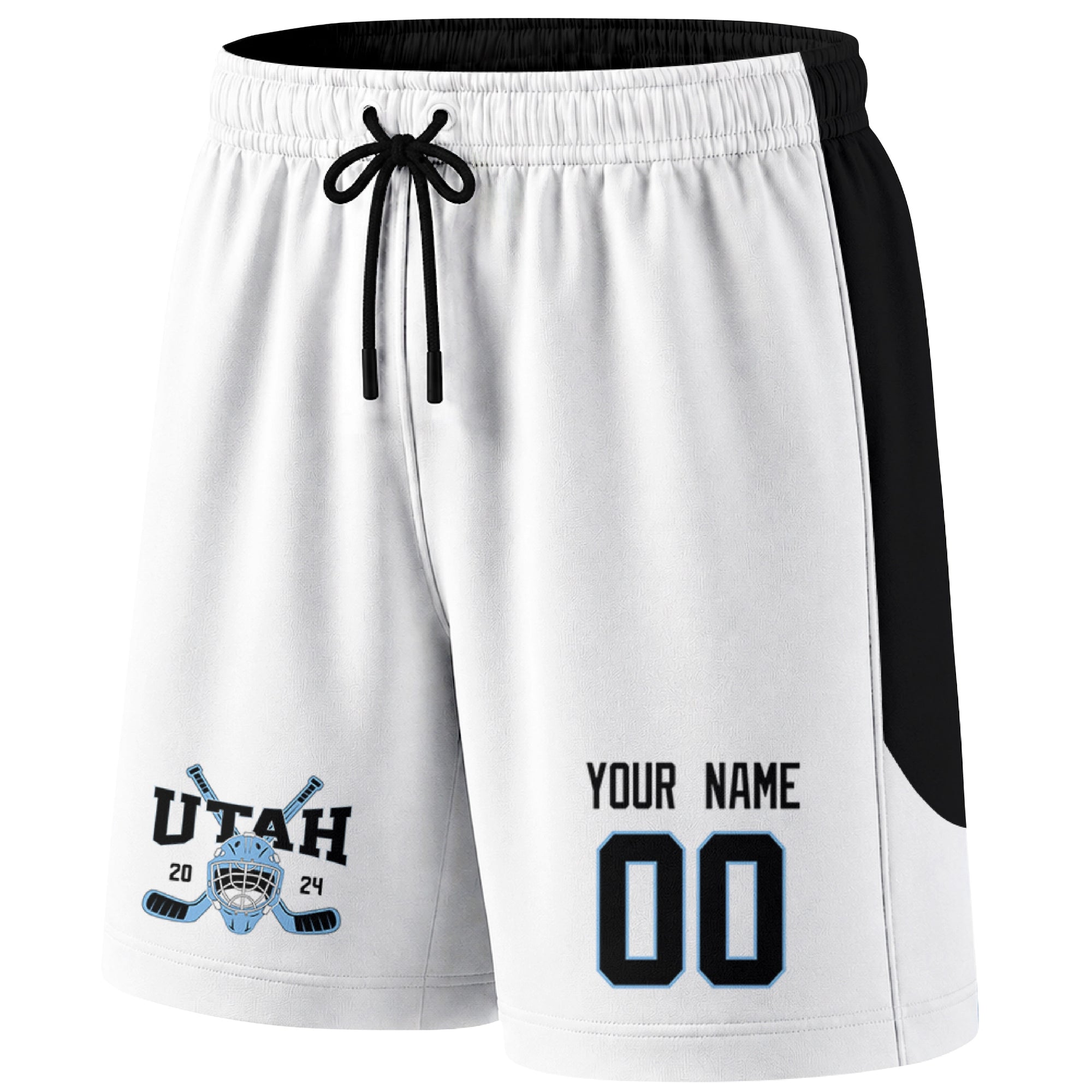 White Utah-inspired hockey shorts front view with custom name and number print and hockey logo graphic