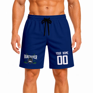Blue Vancouver-inspired hockey athletic shorts front view worn by male model, showcasing custom name, number, and team graphic