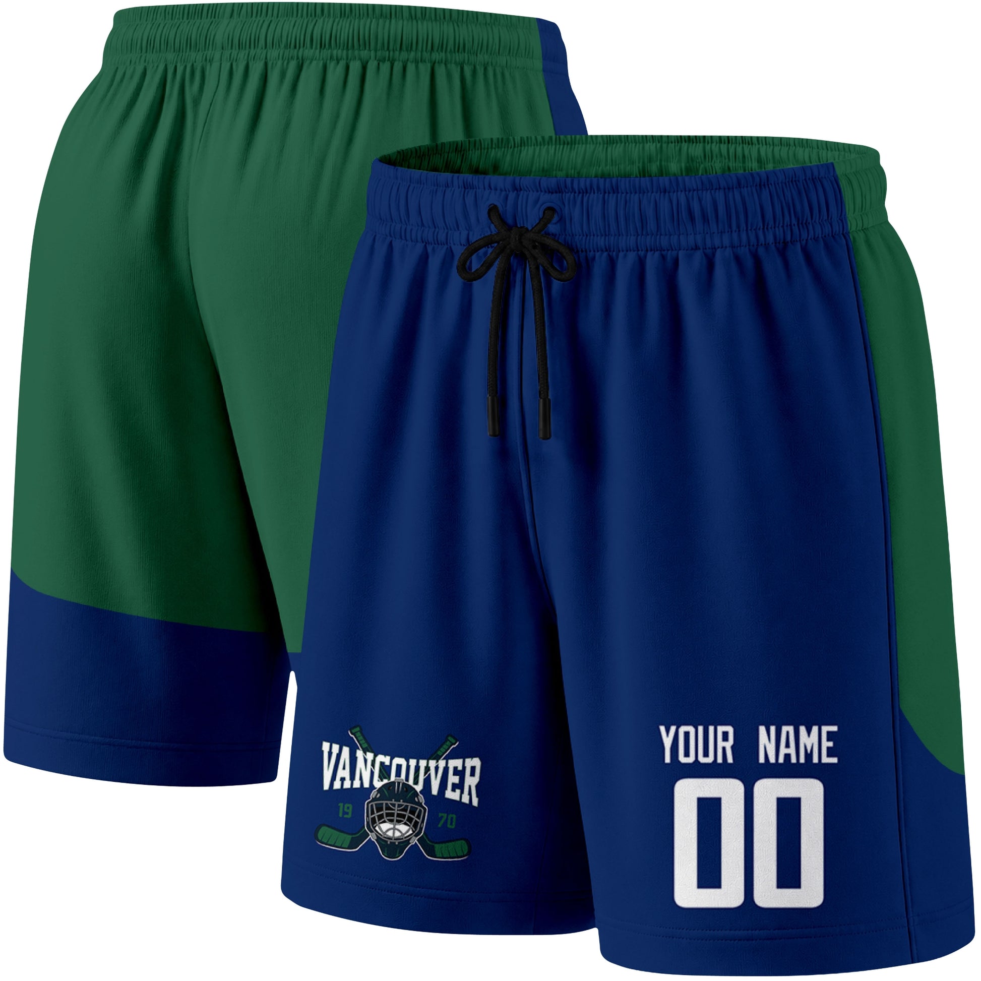 Blue color variation hockey athletic shorts shown from front and back angle with elastic waistband and drawstring detail