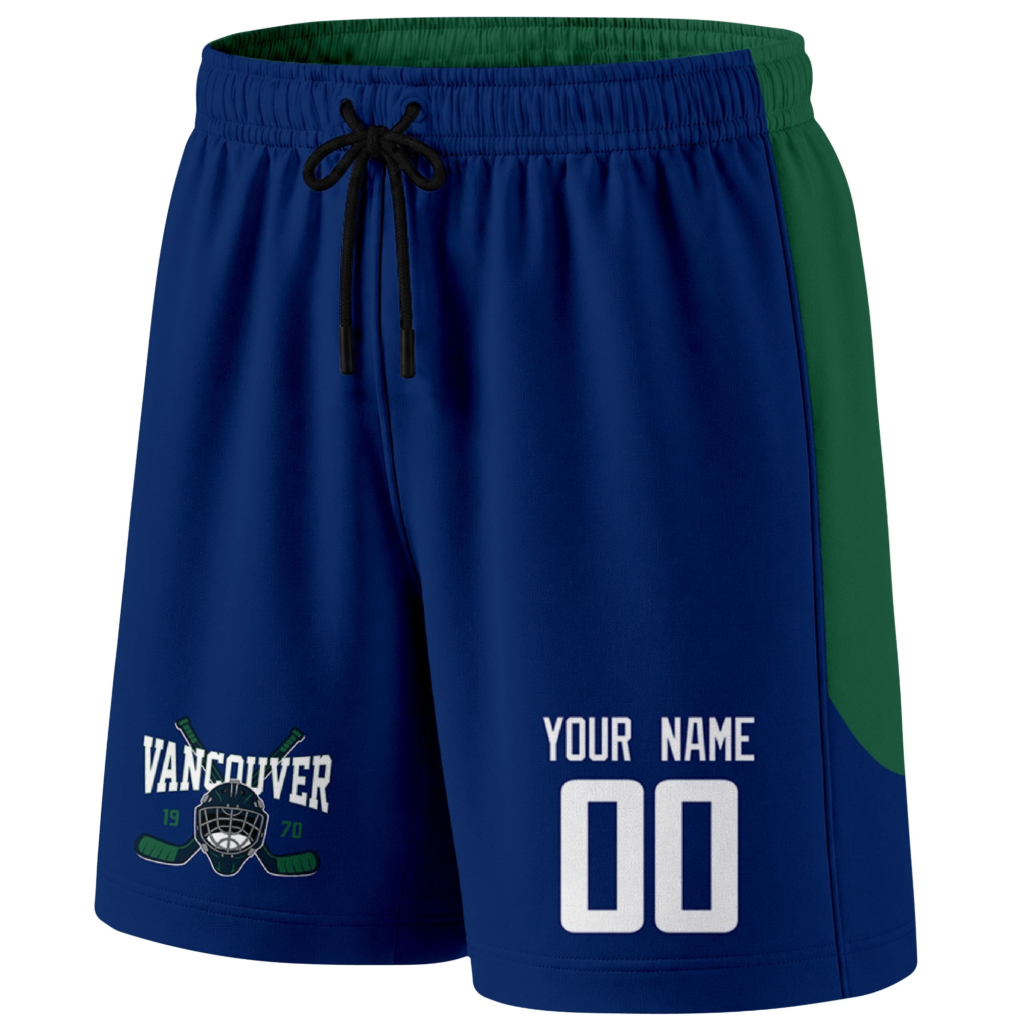Blue Vancouver-inspired hockey shorts front view with custom name and number print and hockey logo graphic