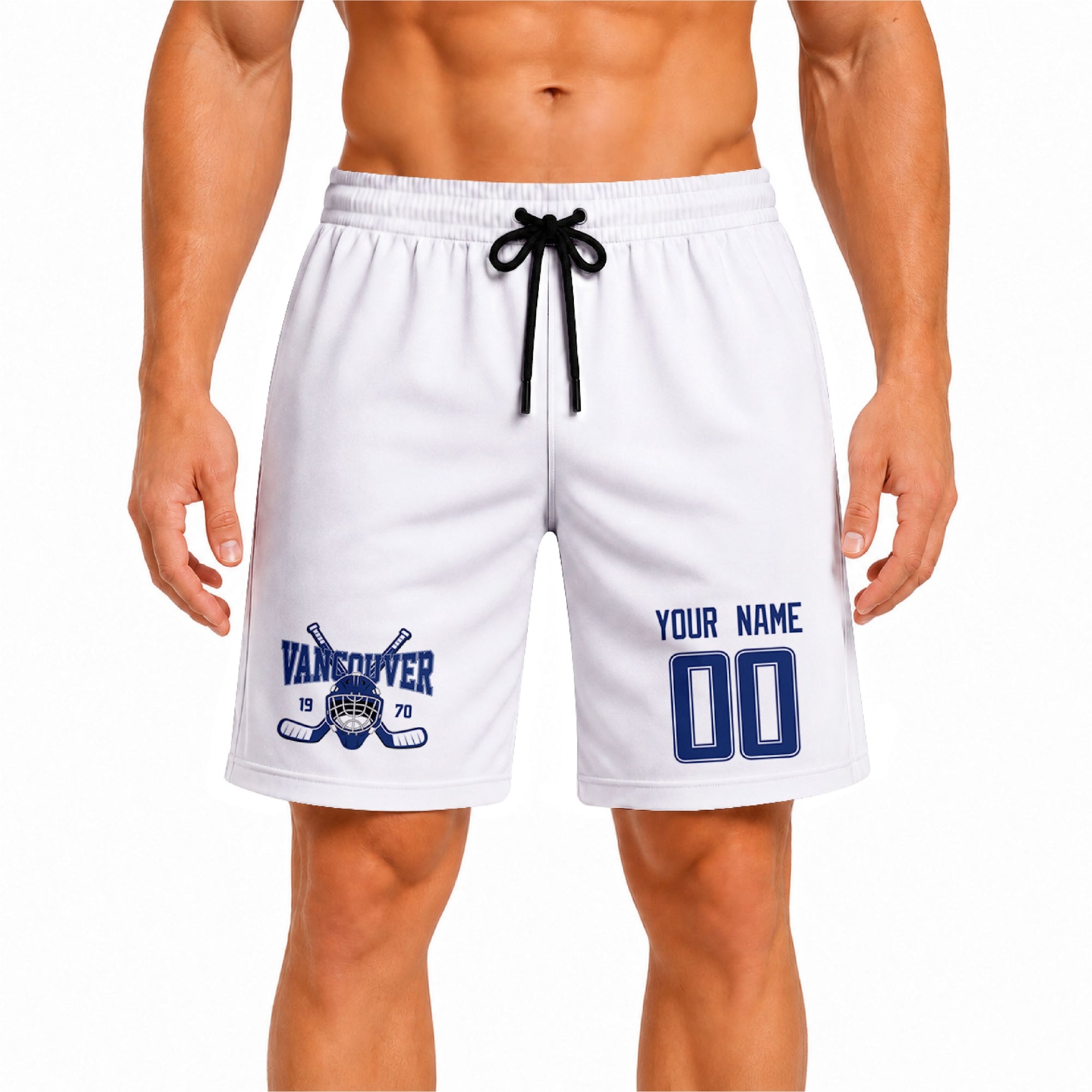 White Vancouver-inspired hockey athletic shorts front view worn by male model, showcasing custom name, number, and team graphic
