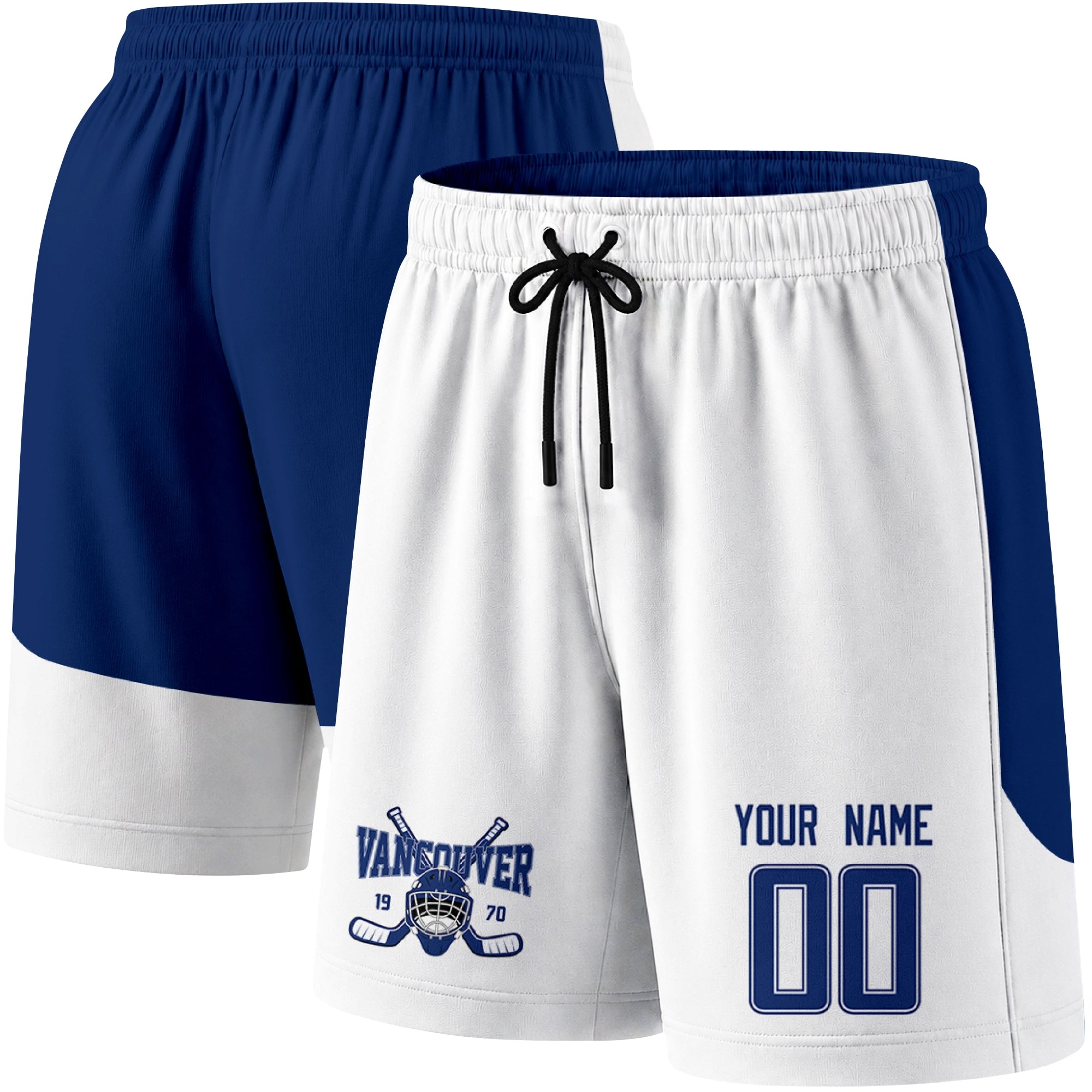 White color variation hockey athletic shorts shown from front and back angle with elastic waistband and drawstring detail