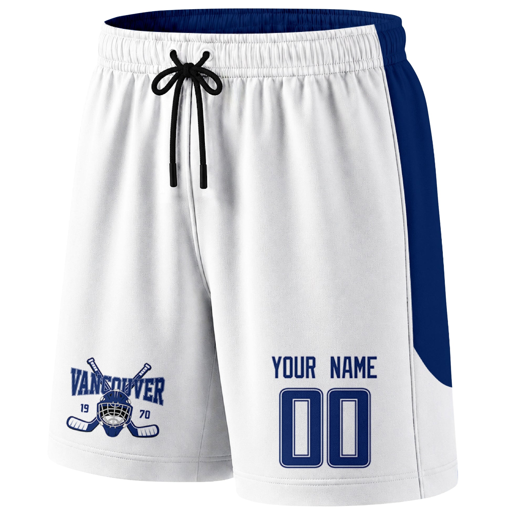 White Vancouver-inspired hockey shorts front view with custom name and number print and hockey logo graphic