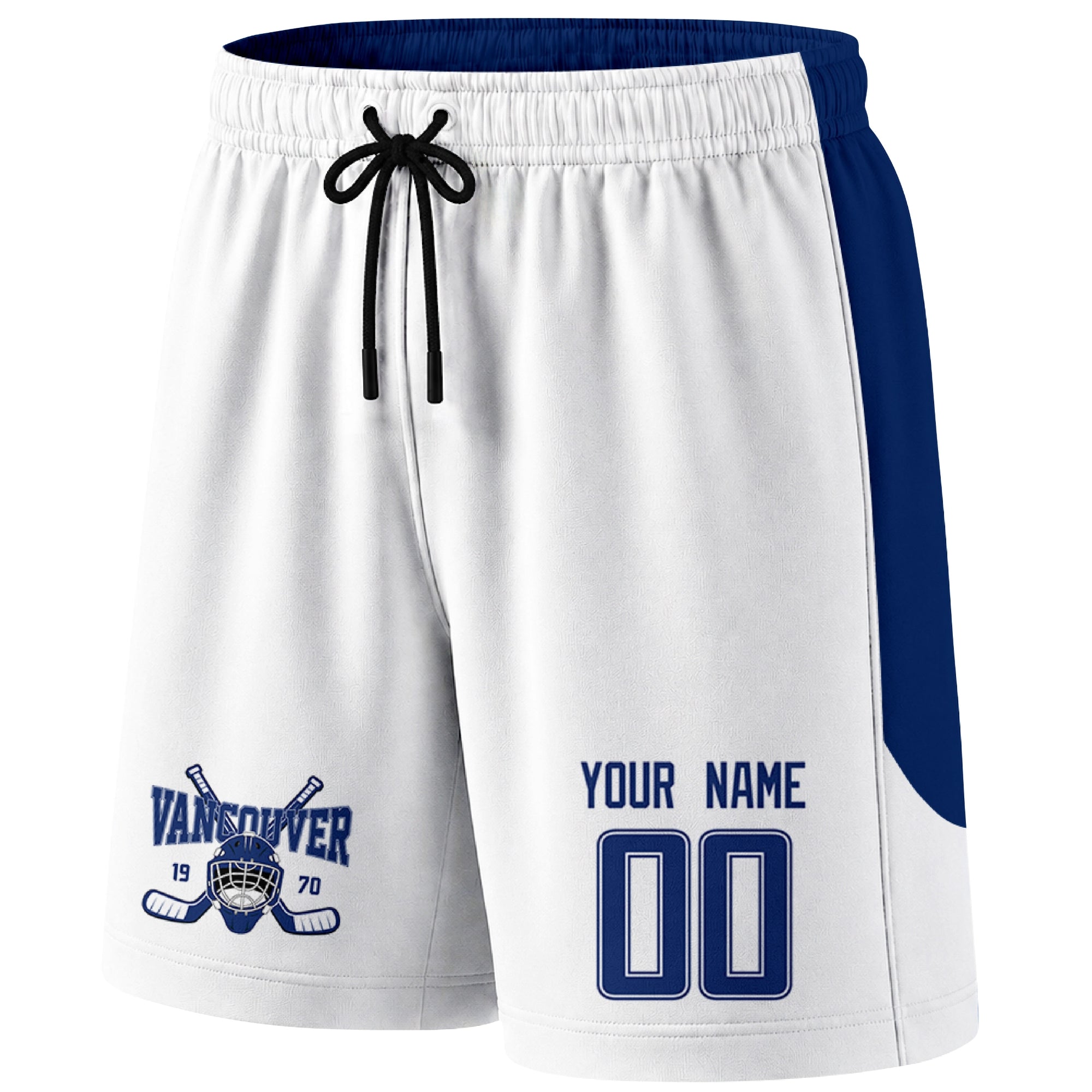 White Vancouver-inspired hockey shorts front view with custom name and number print and hockey logo graphic