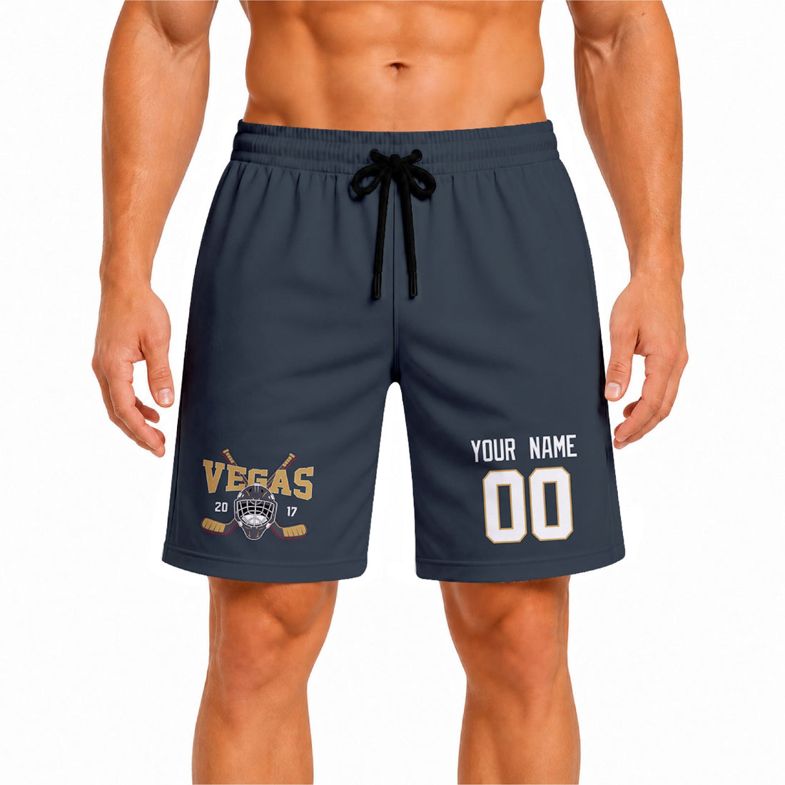 Gray Vegas-inspired hockey athletic shorts front view worn by male model, showcasing custom name, number, and team graphic