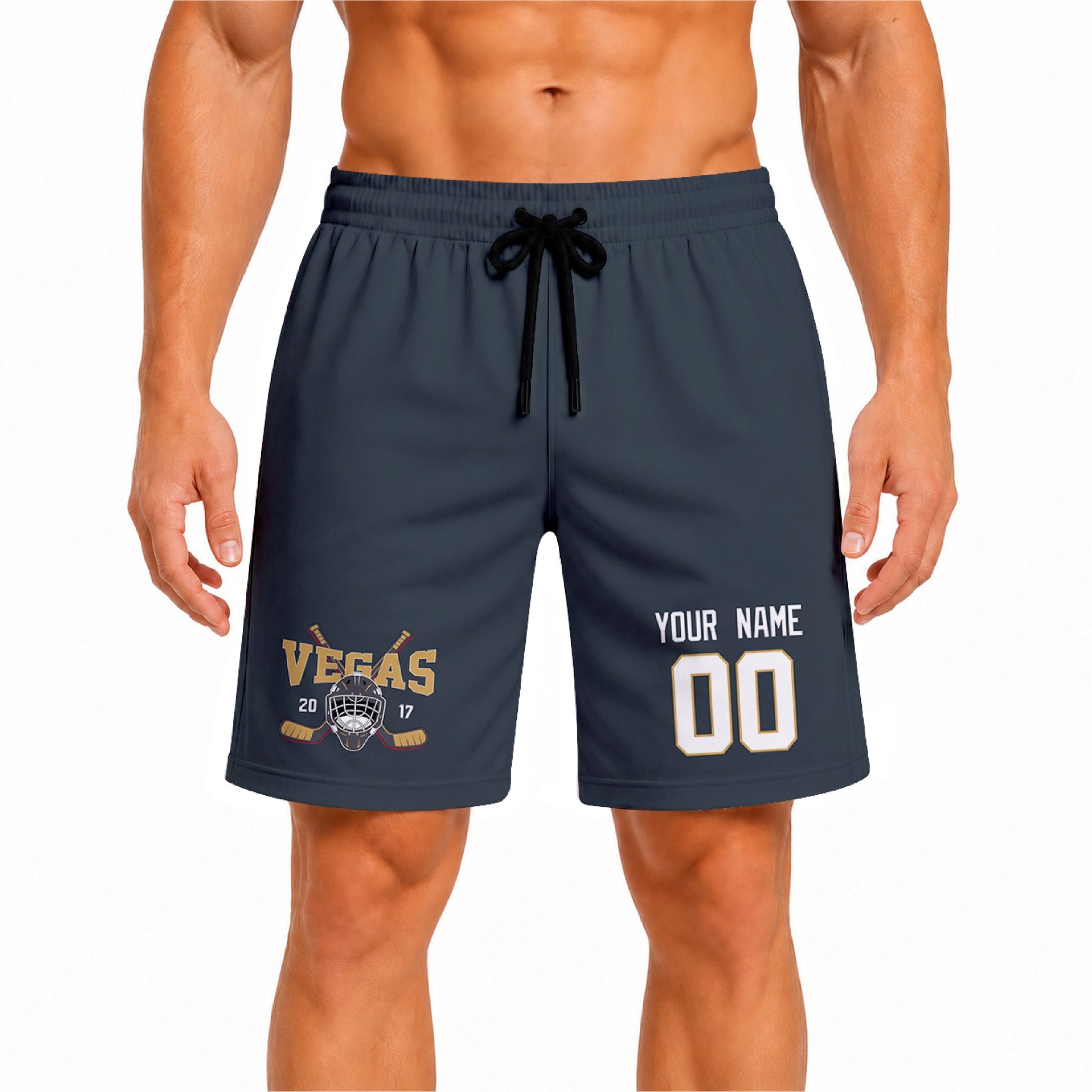 Gray Vegas-inspired hockey athletic shorts front view worn by male model, showcasing custom name, number, and team graphic