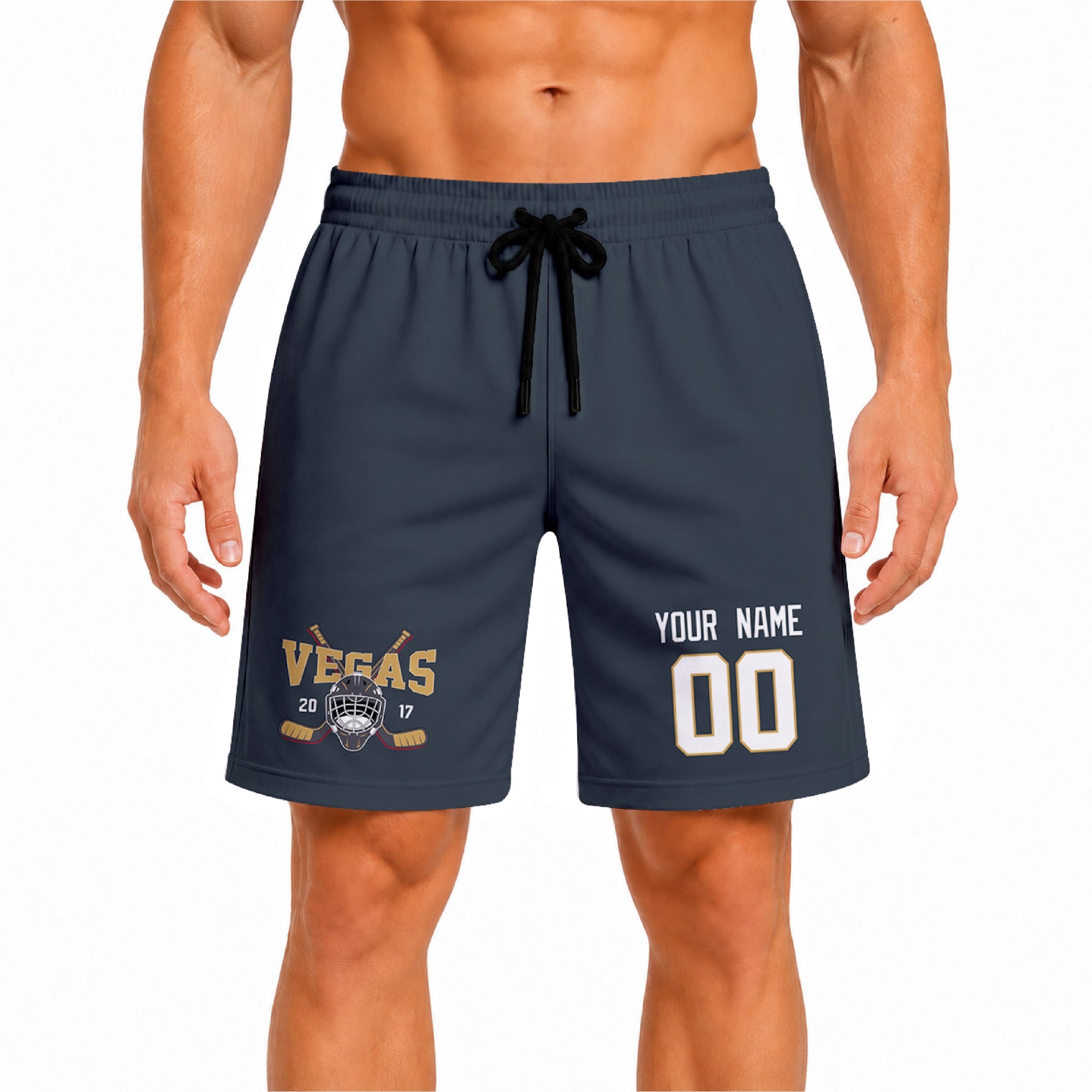 Gray Vegas-inspired hockey athletic shorts front view worn by male model, showcasing custom name, number, and team graphic