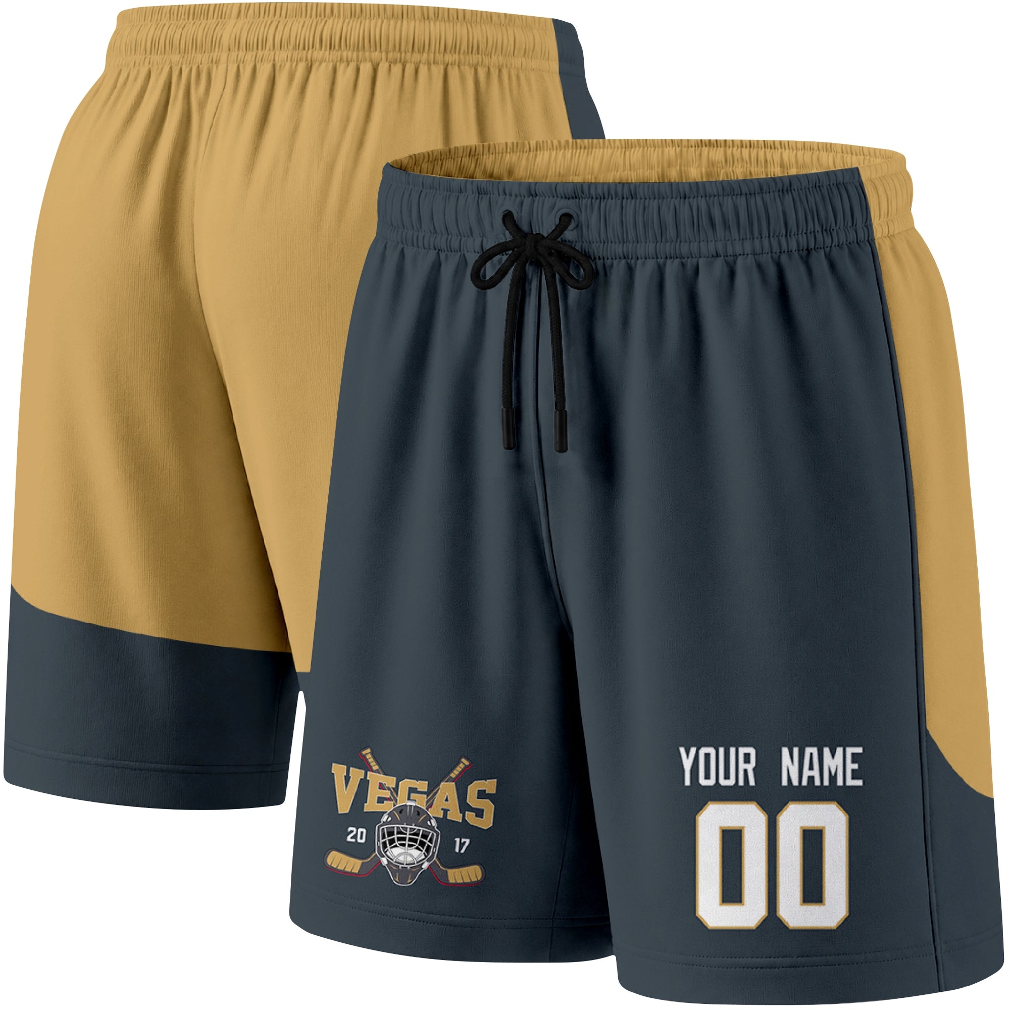 Gray color variation hockey athletic shorts shown from front and back angle with elastic waistband and drawstring detail
