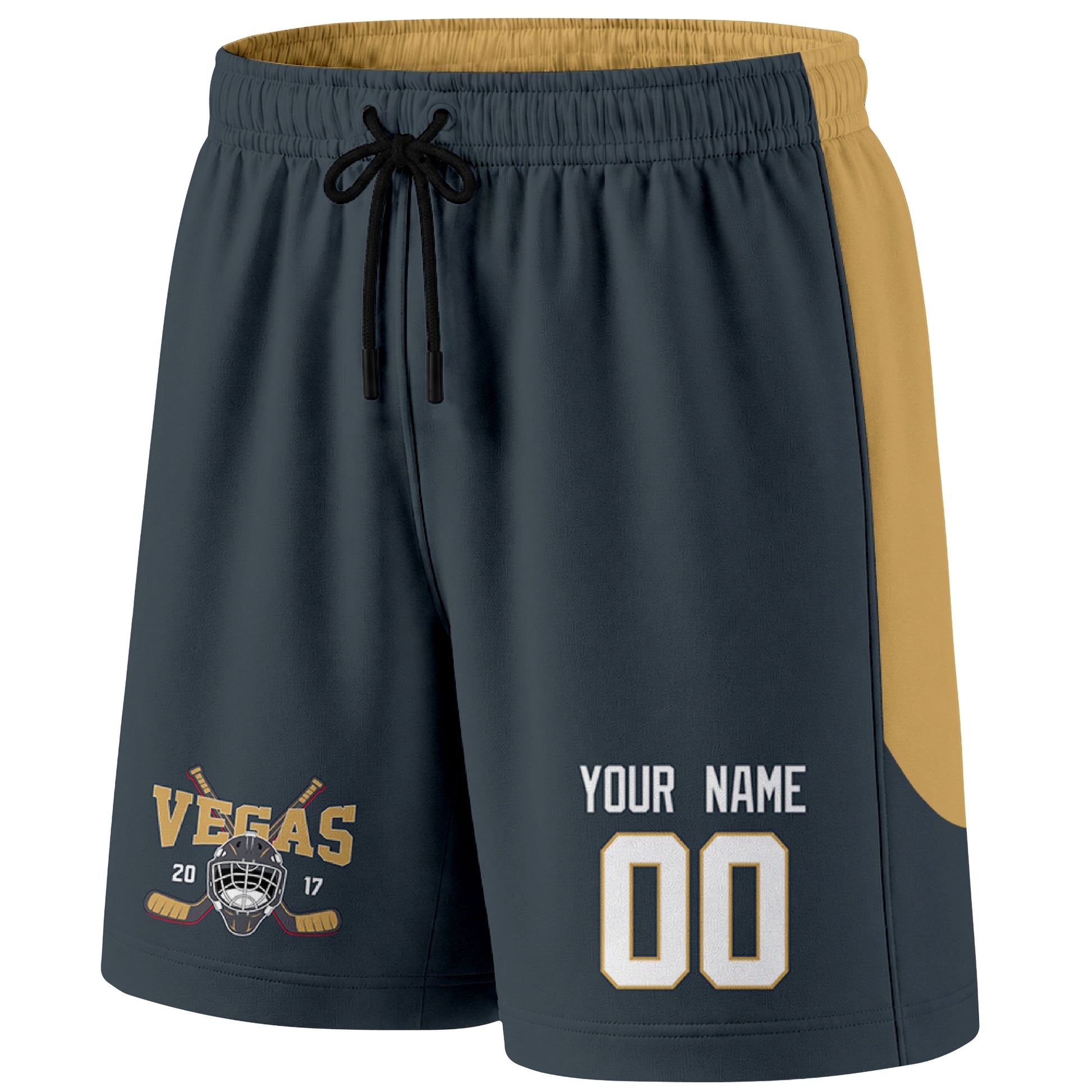 Gray Vegas-inspired hockey shorts front view with custom name and number print and hockey logo graphic