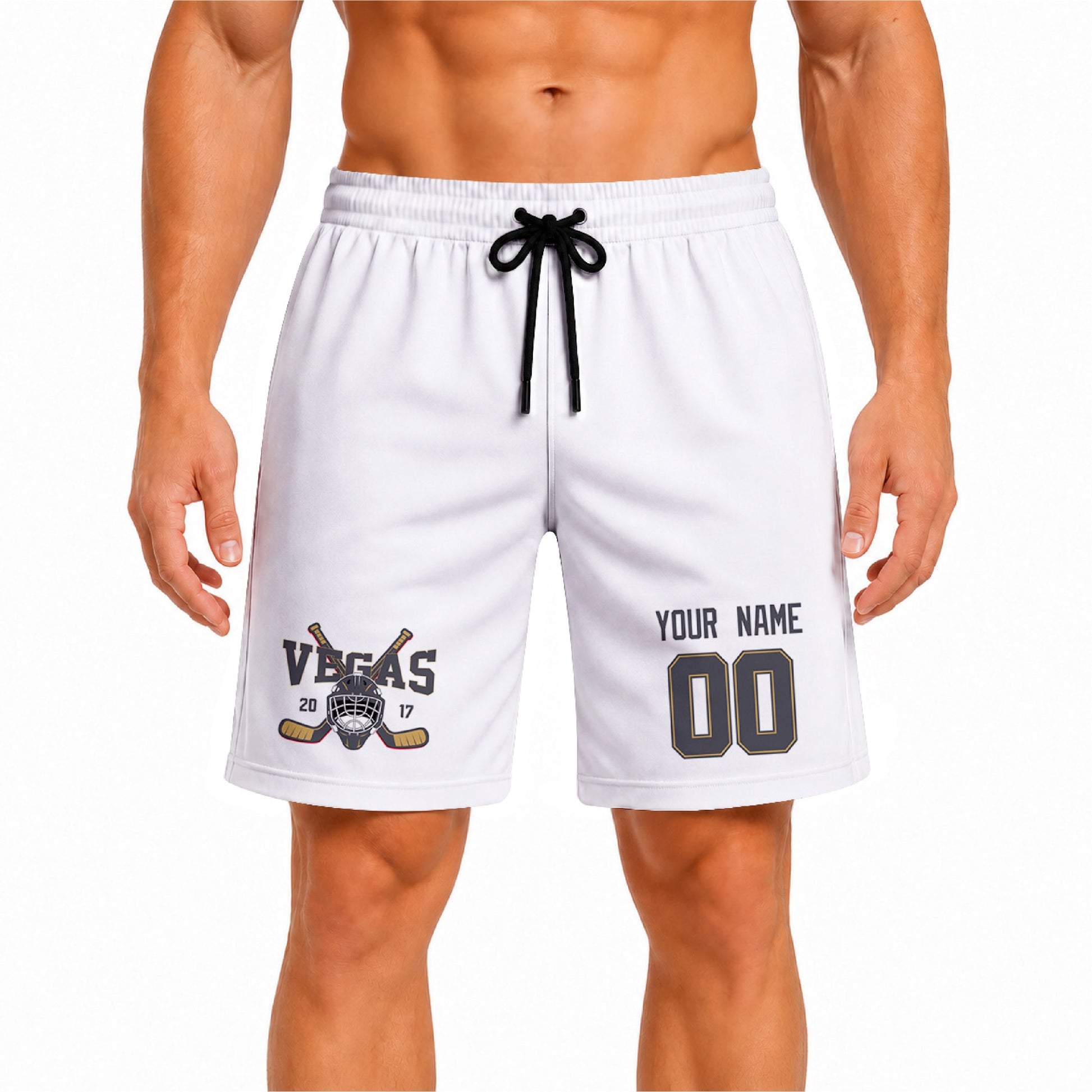 White Vegas-inspired hockey athletic shorts front view worn by male model, showcasing custom name, number, and team graphic