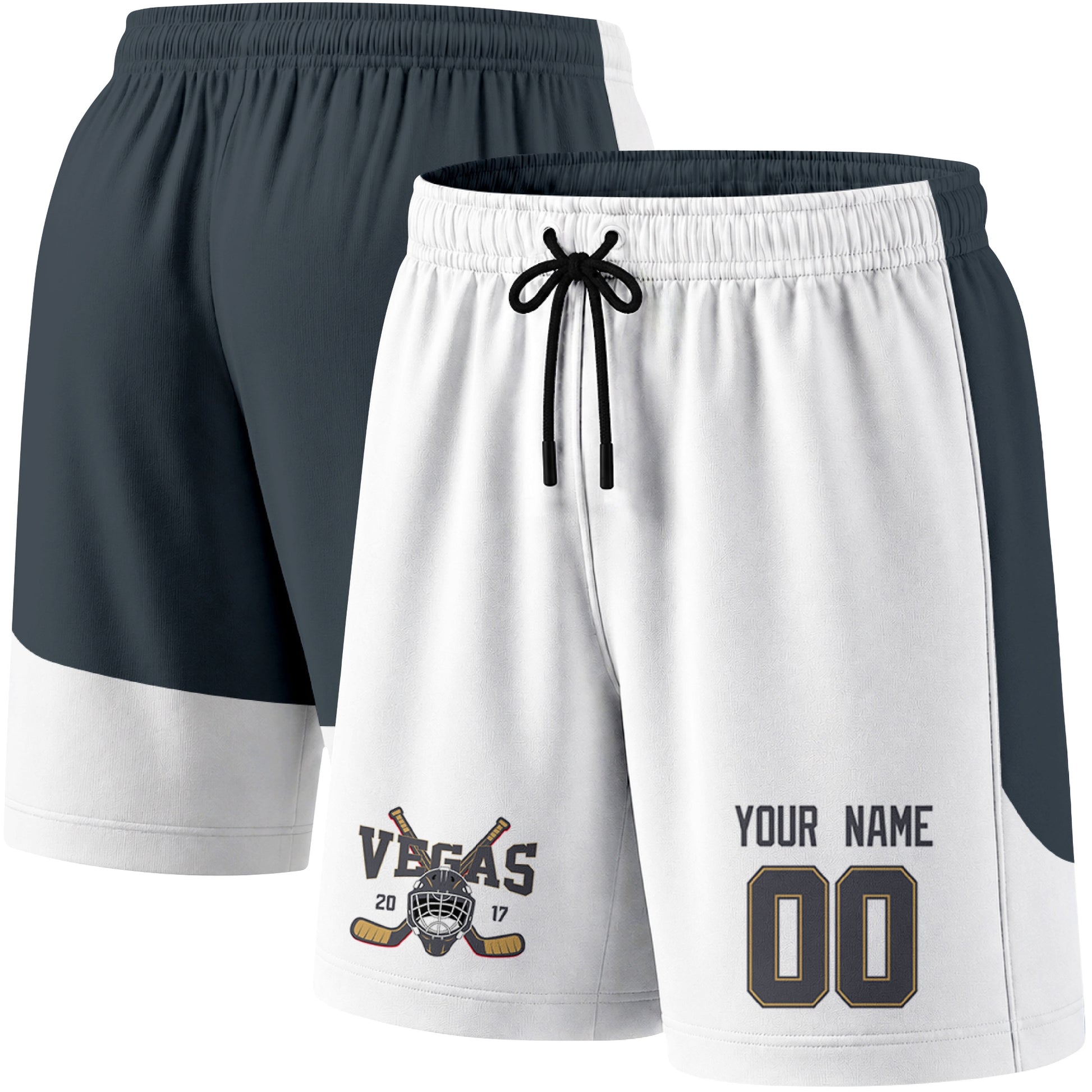 White color variation hockey athletic shorts shown from front and back angle with elastic waistband and drawstring detail