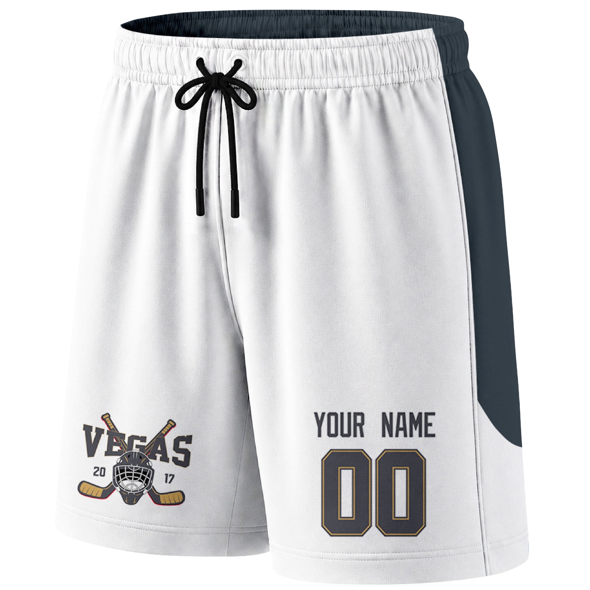 White Vegas-inspired hockey shorts front view with custom name and number print and hockey logo graphic
