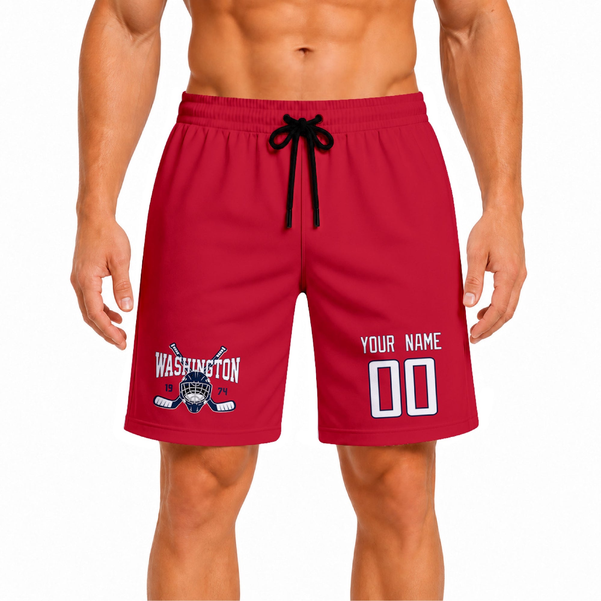 Red Washington-inspired hockey athletic shorts front view worn by male model, showcasing custom name, number, and team graphic