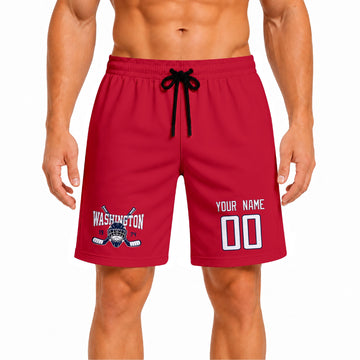 Red Washington-inspired hockey athletic shorts front view worn by male model, showcasing custom name, number, and team graphic