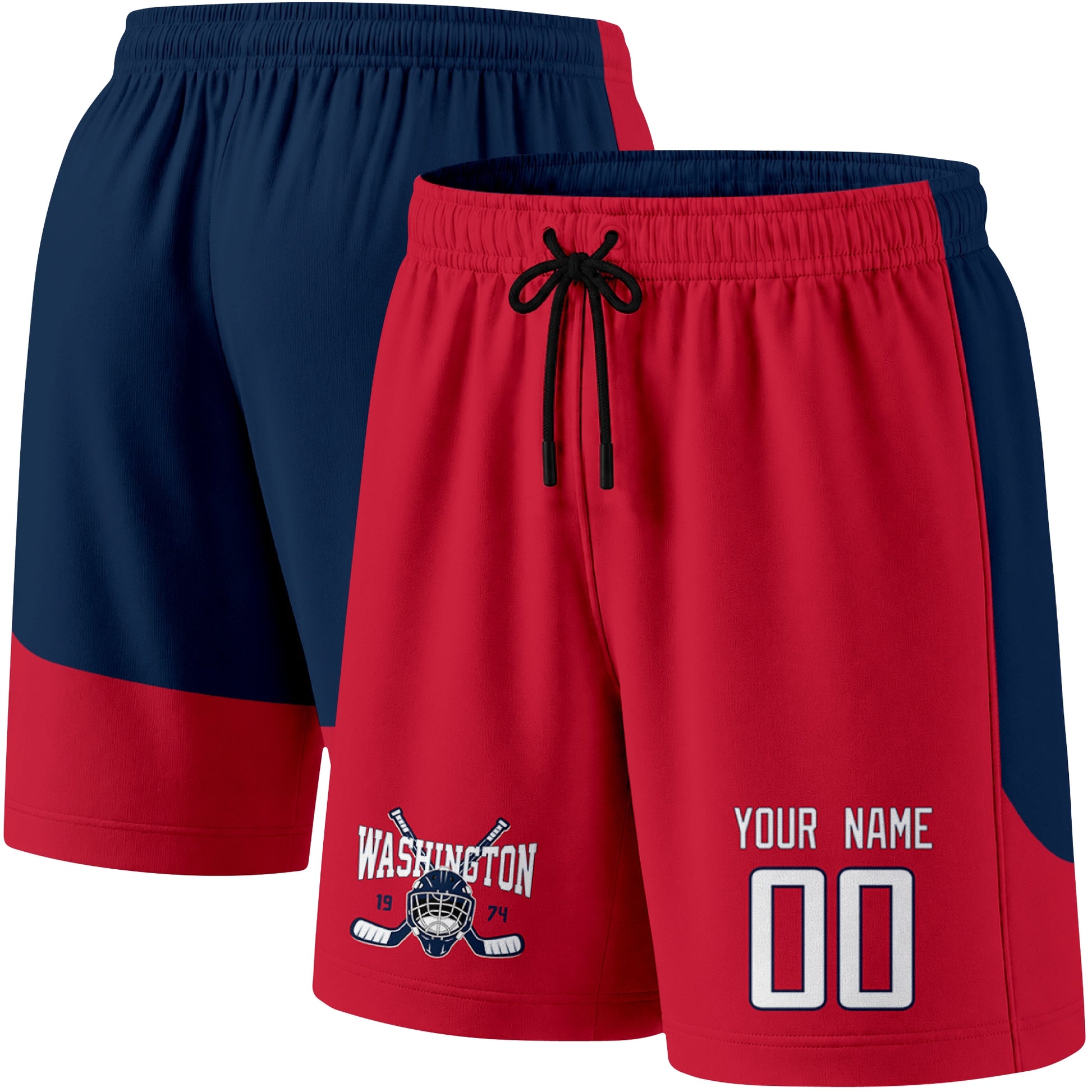 Red color variation hockey athletic shorts shown from front and back angle with elastic waistband and drawstring detail
