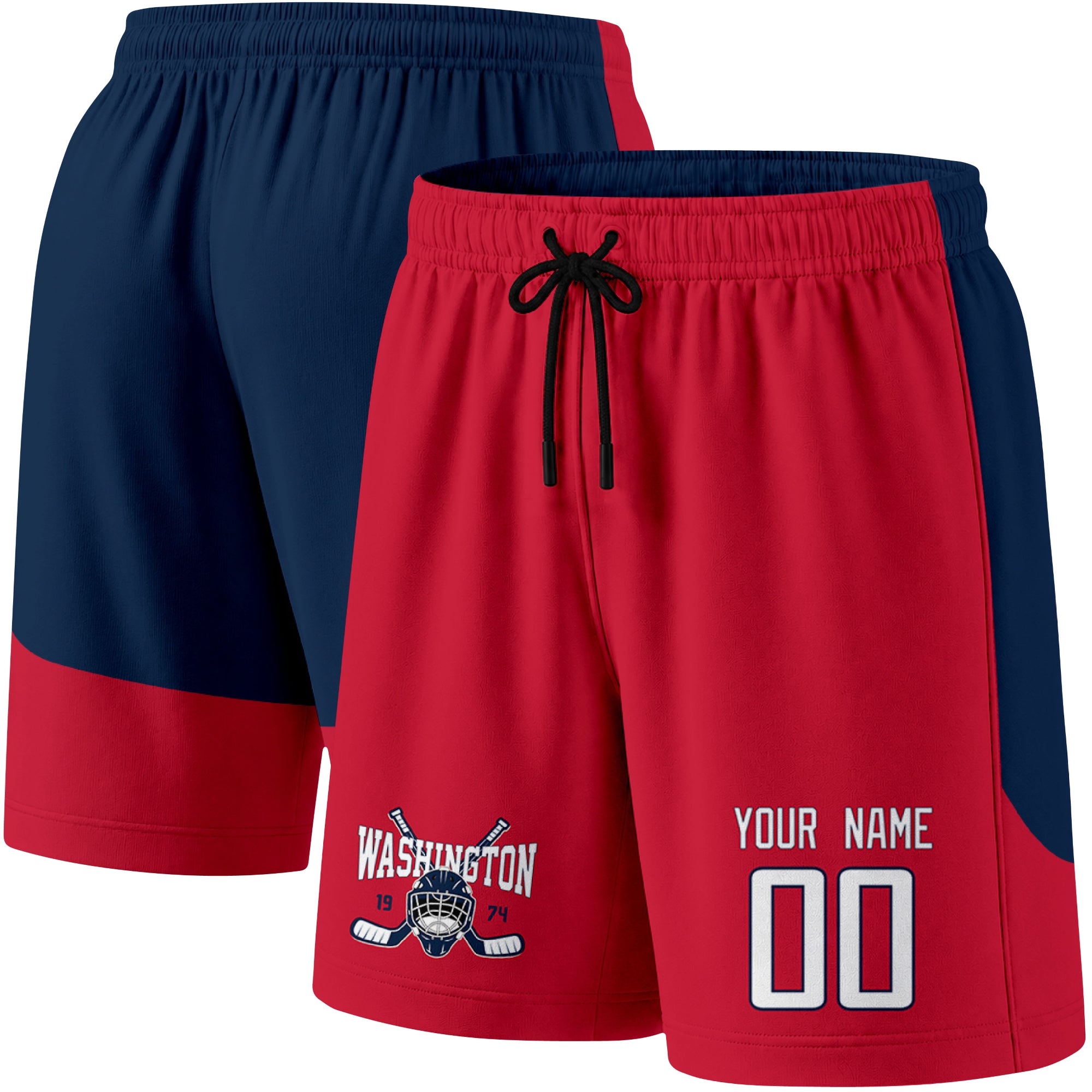 Red color variation hockey athletic shorts shown from front and back angle with elastic waistband and drawstring detail