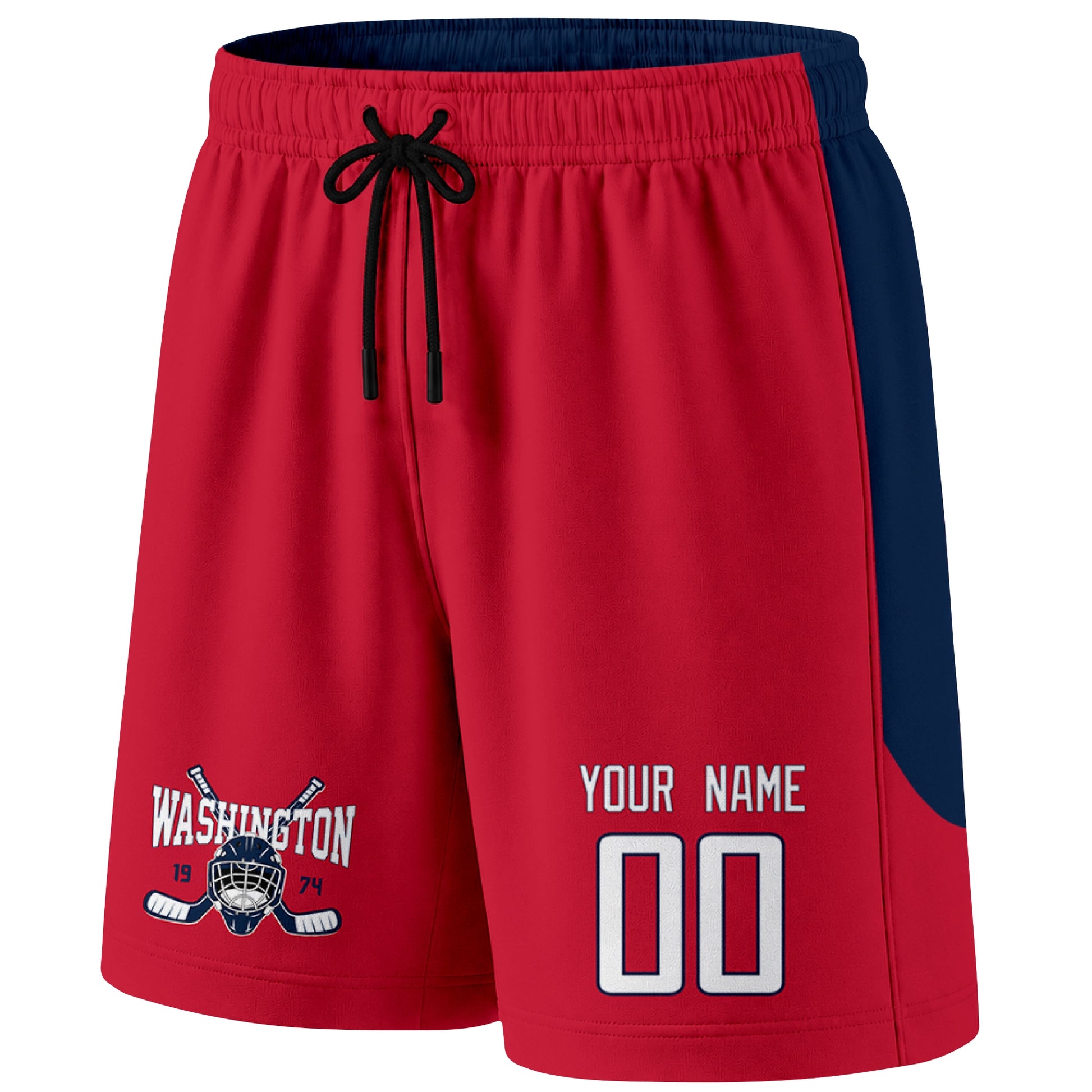 Red Washington-inspired hockey shorts front view with custom name and number print and hockey logo graphic