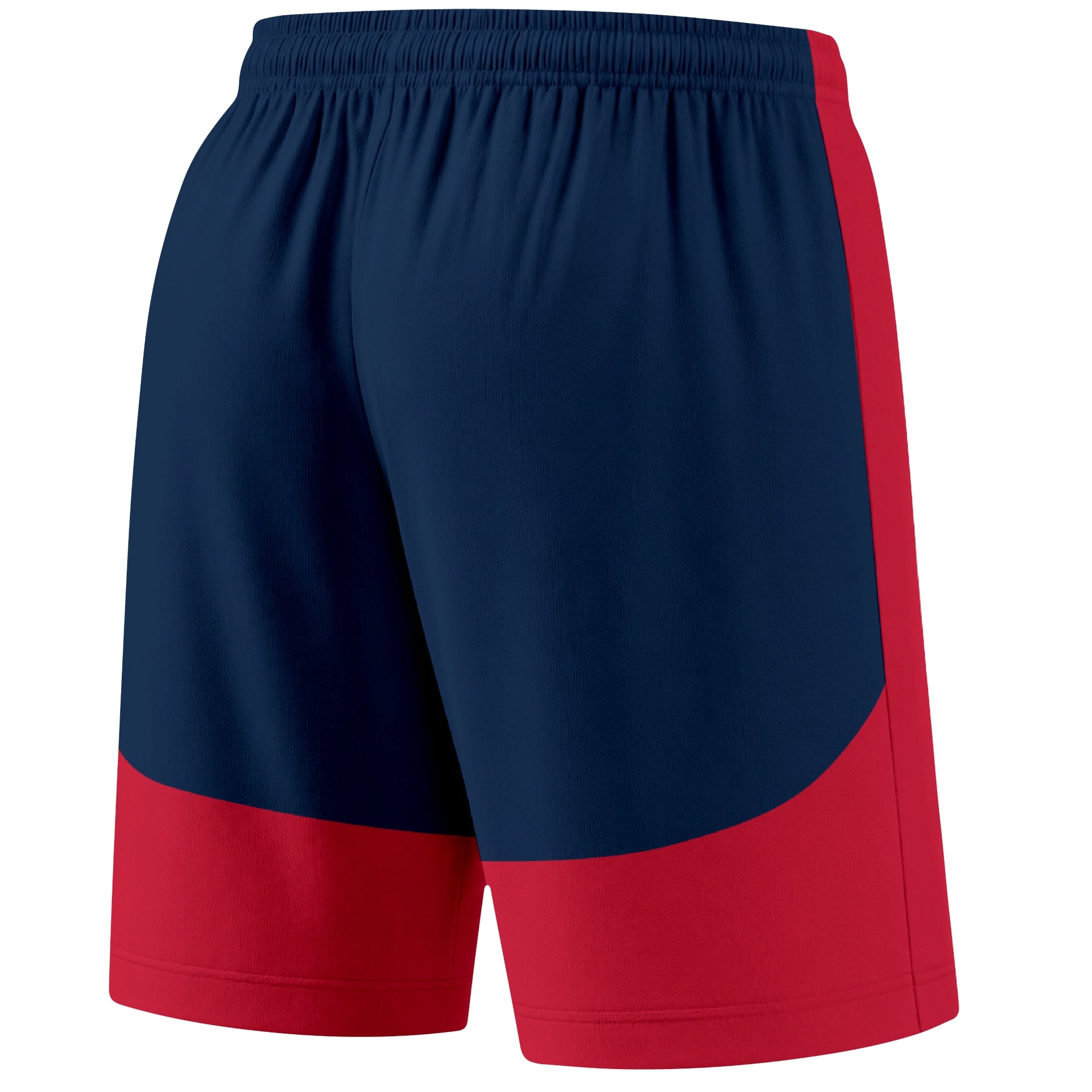 Red color block hockey athletic shorts back and angled view highlighting breathable fabric and athletic fit design