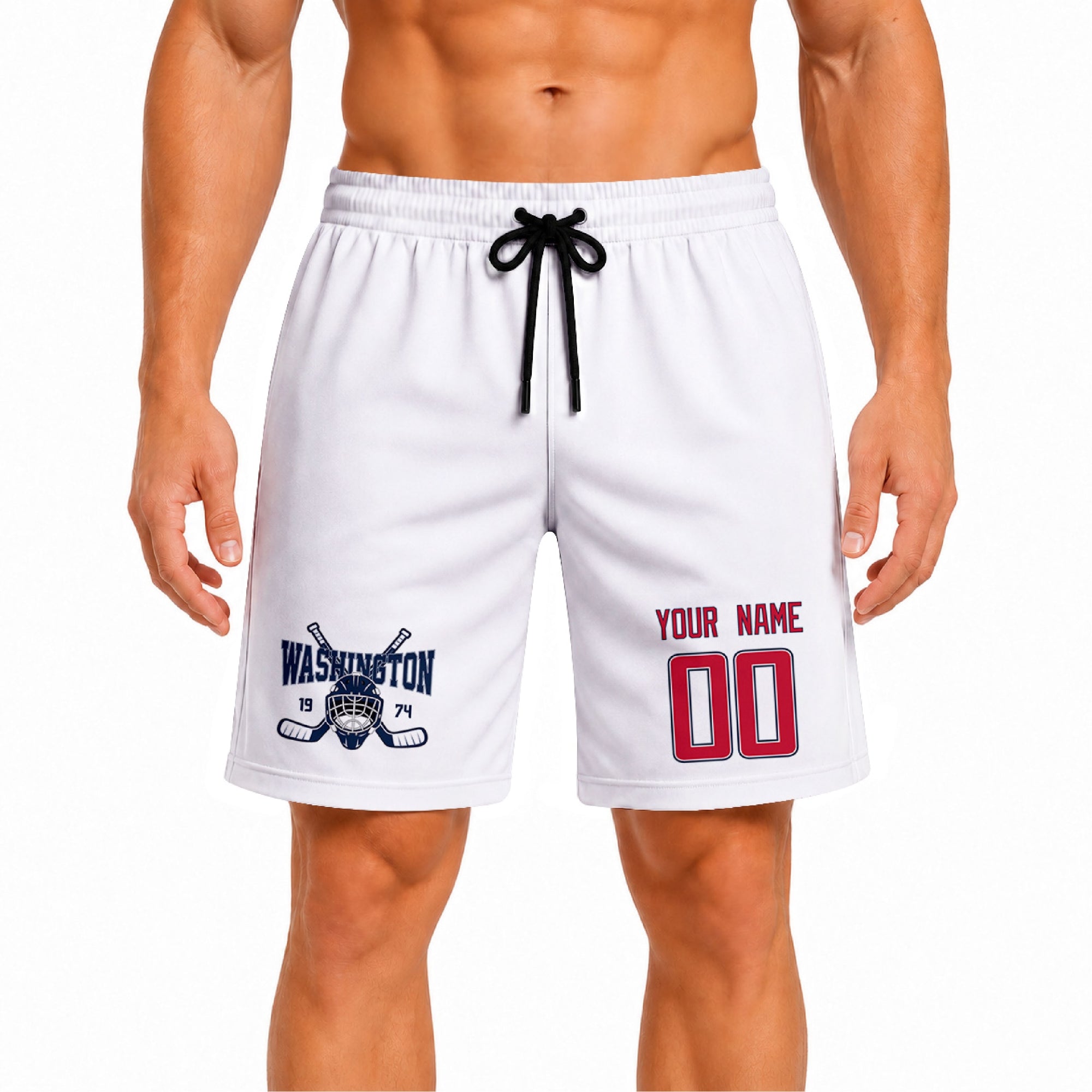 White Washington-inspired hockey athletic shorts front view worn by male model, showcasing custom name, number, and team graphic