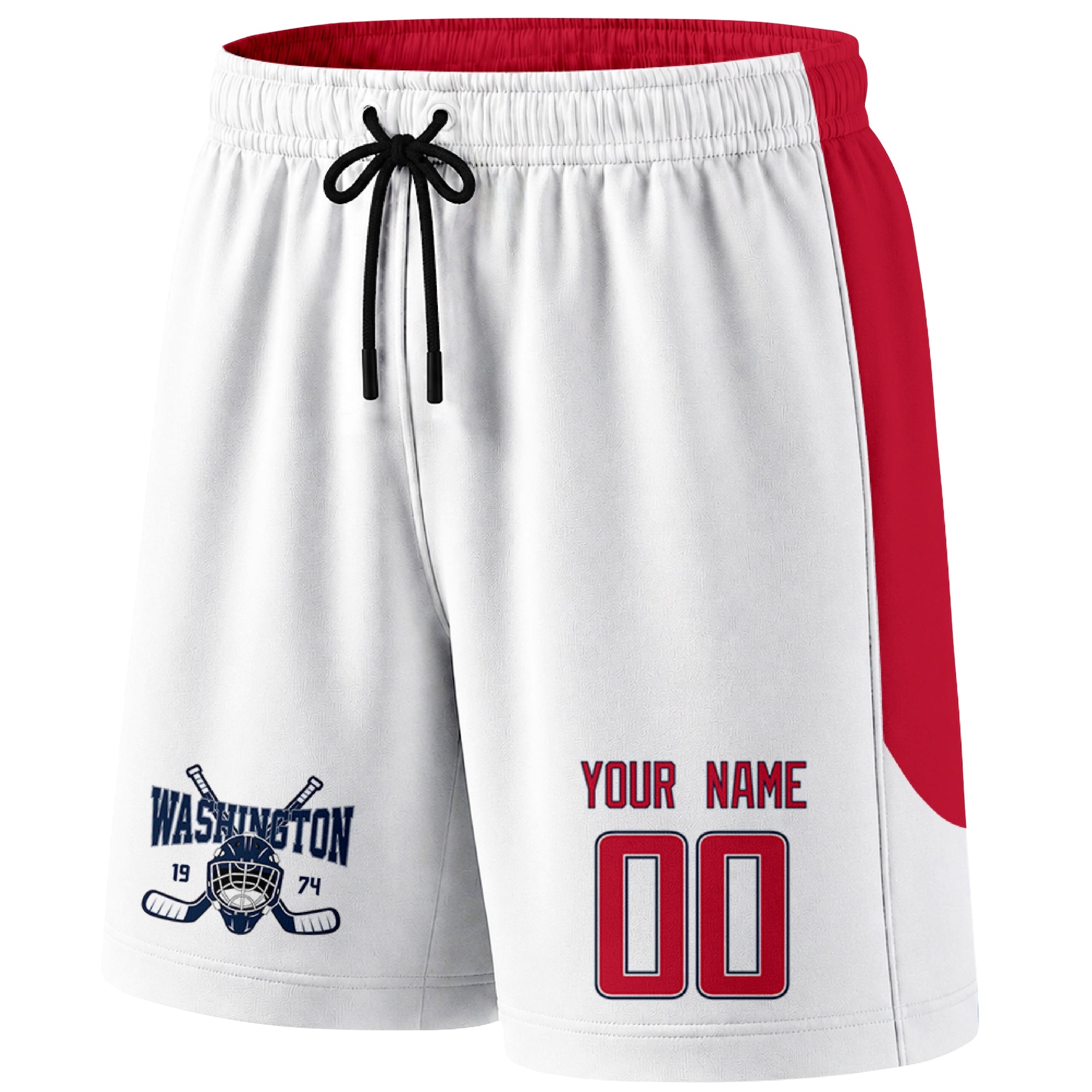 White Washington-inspired hockey shorts front view with custom name and number print and hockey logo graphic