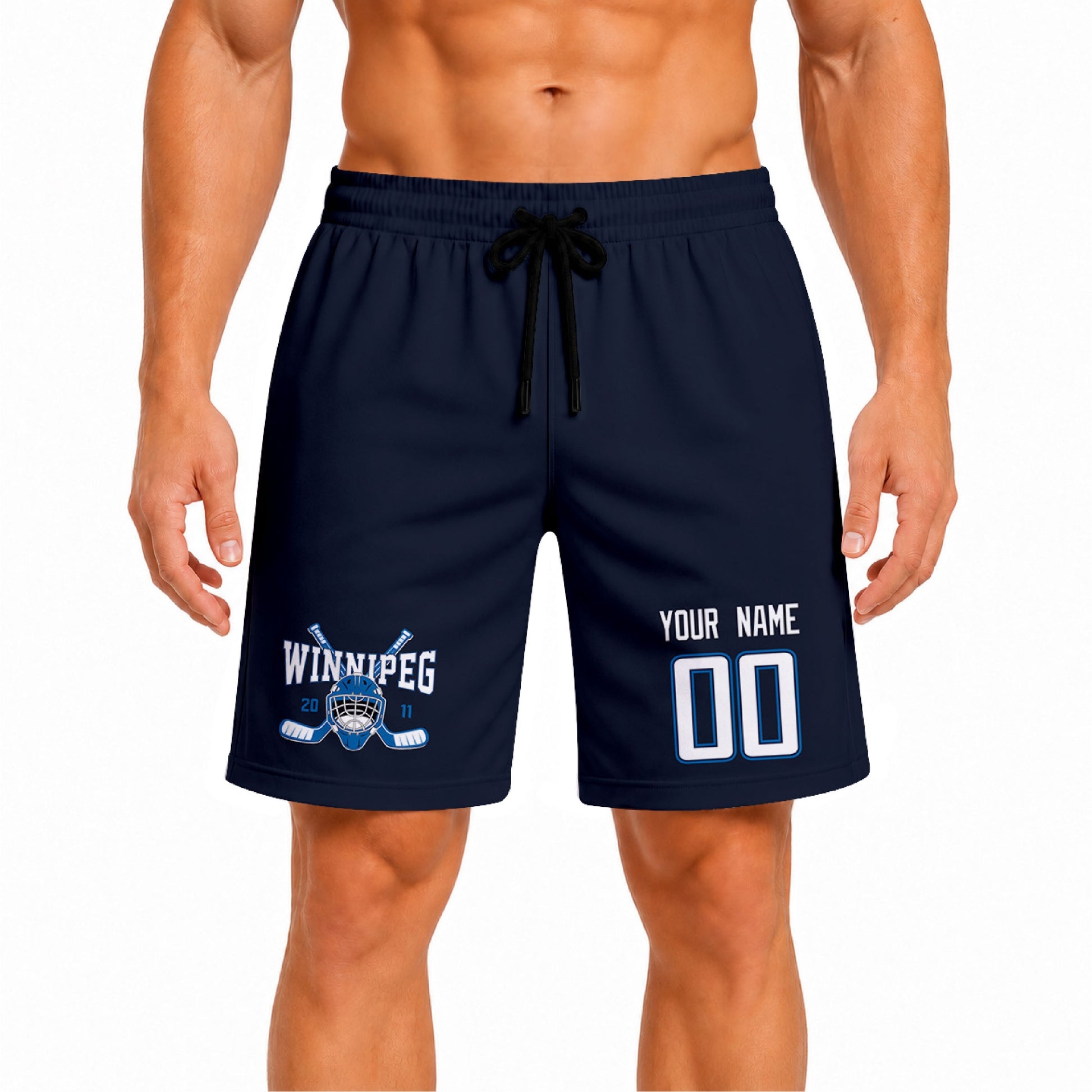 Navy Winnipeg-inspired hockey athletic shorts front view worn by male model, showcasing custom name, number, and team graphic